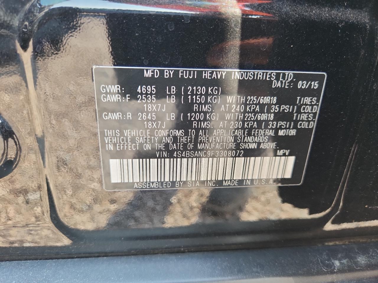 2015 Subaru Outback 2.5i Limited Черный vin: 4S4BSANC9F3308072