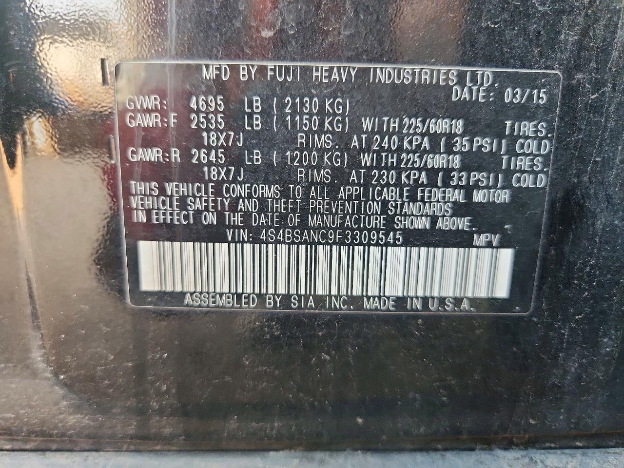 2015 Subaru Outback 2.5i Limited Black vin: 4S4BSANC9F3309545