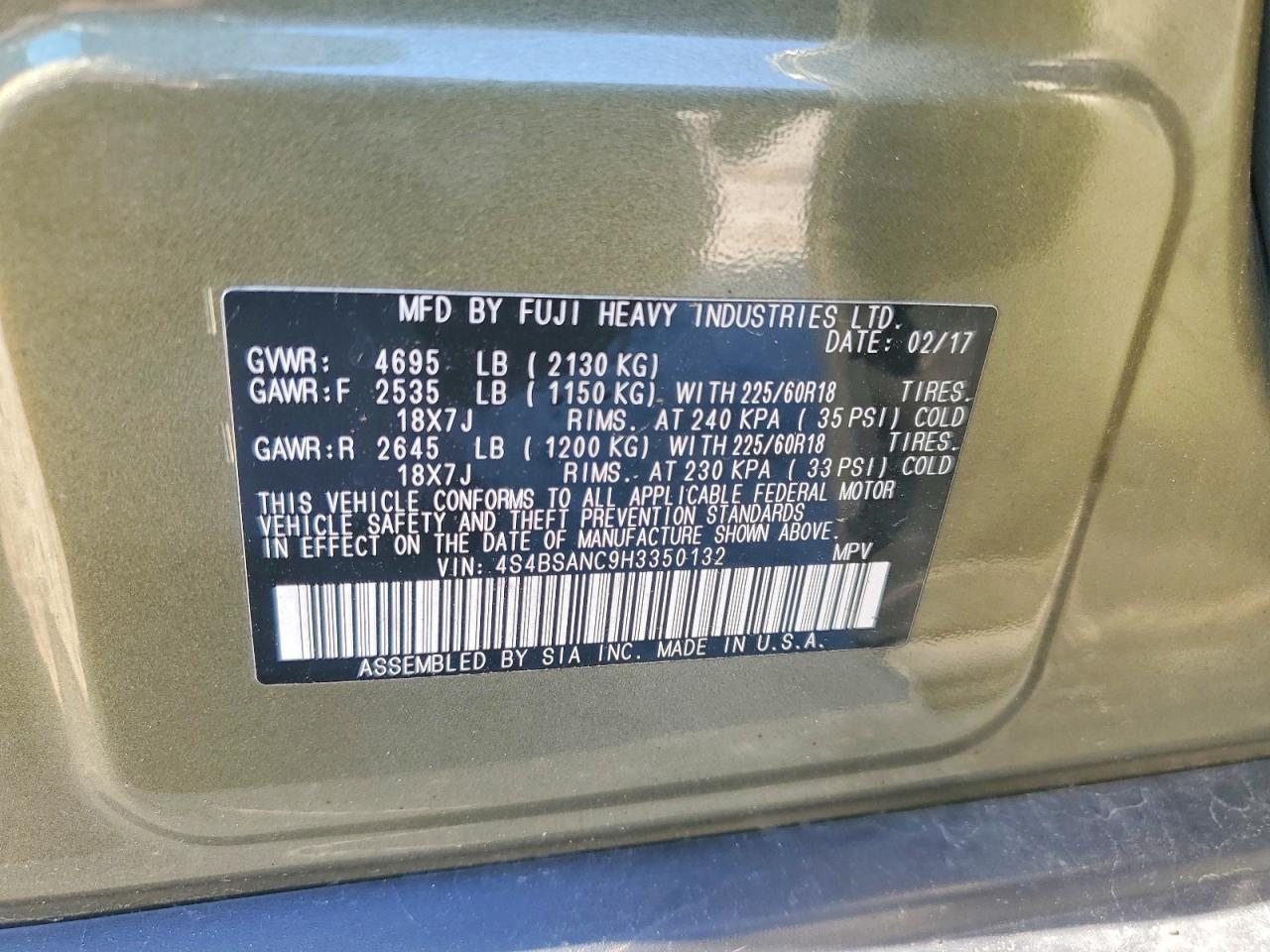 2017 Subaru Outback 2.5i Limited Green vin: 4S4BSANC9H3350132