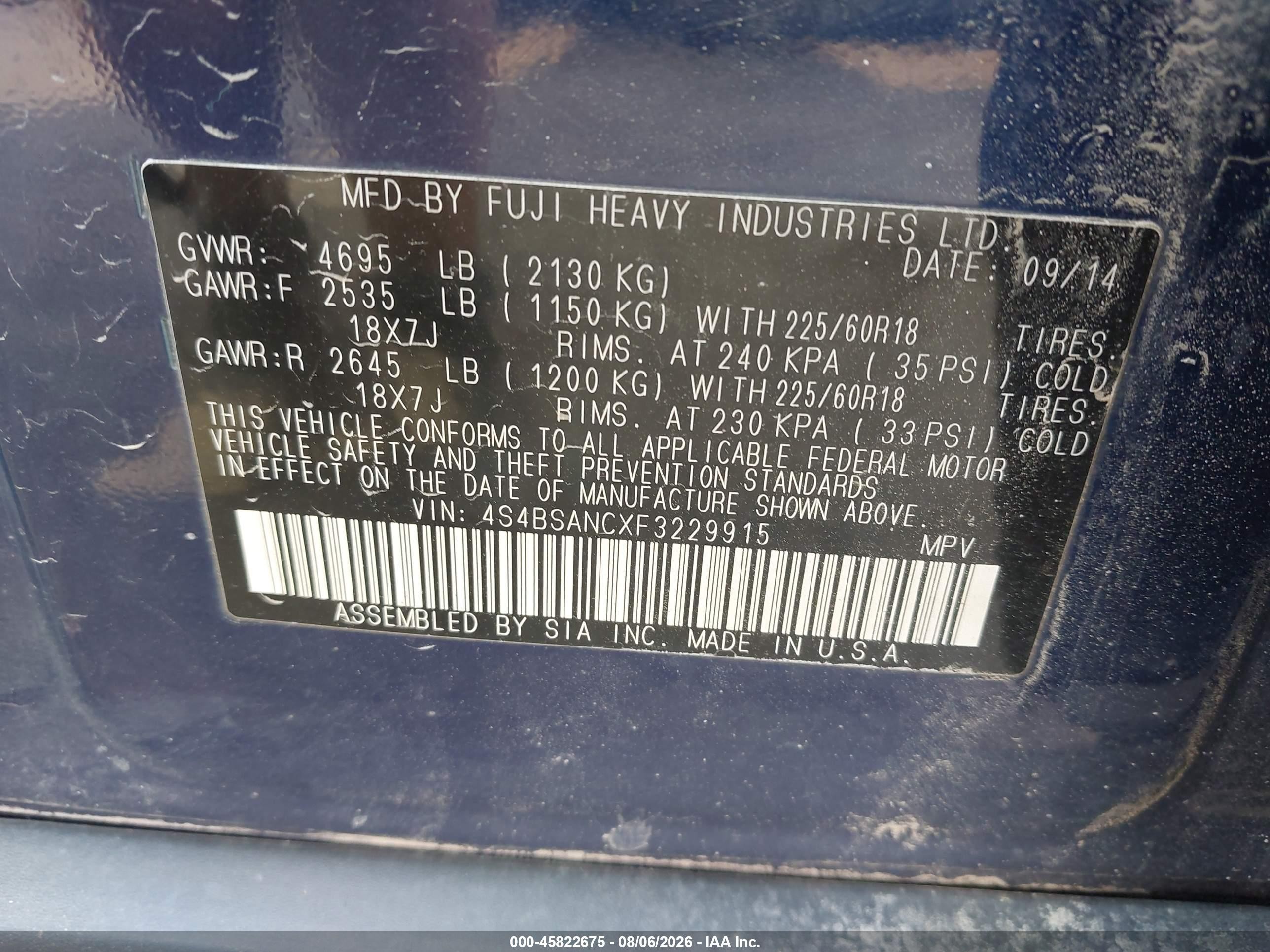 2015 Subaru Outback 2.5i Limited Dark Blue vin: 4S4BSANCXF3229915