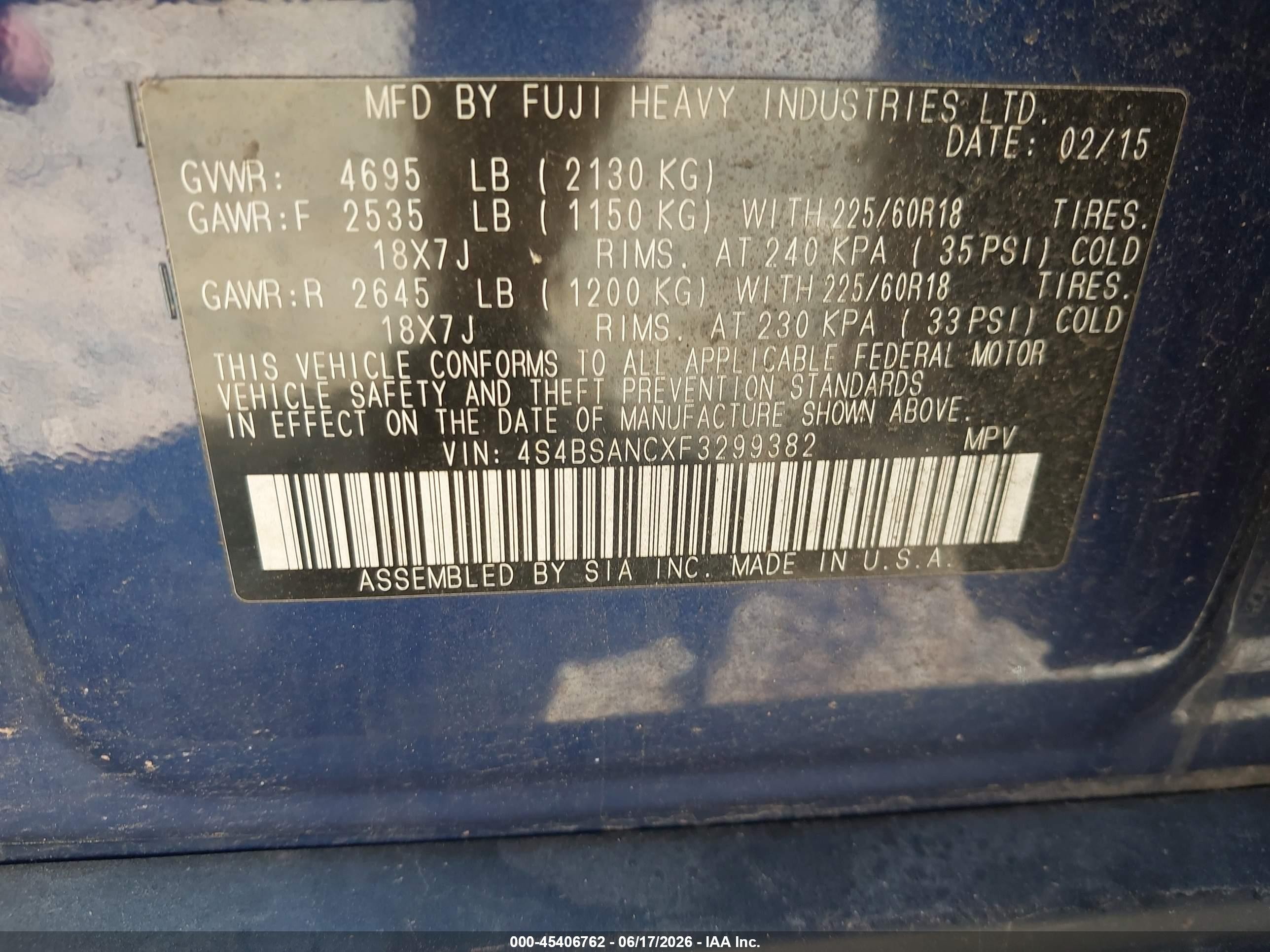 2015 Subaru Outback 2.5i Limited Blue vin: 4S4BSANCXF3299382