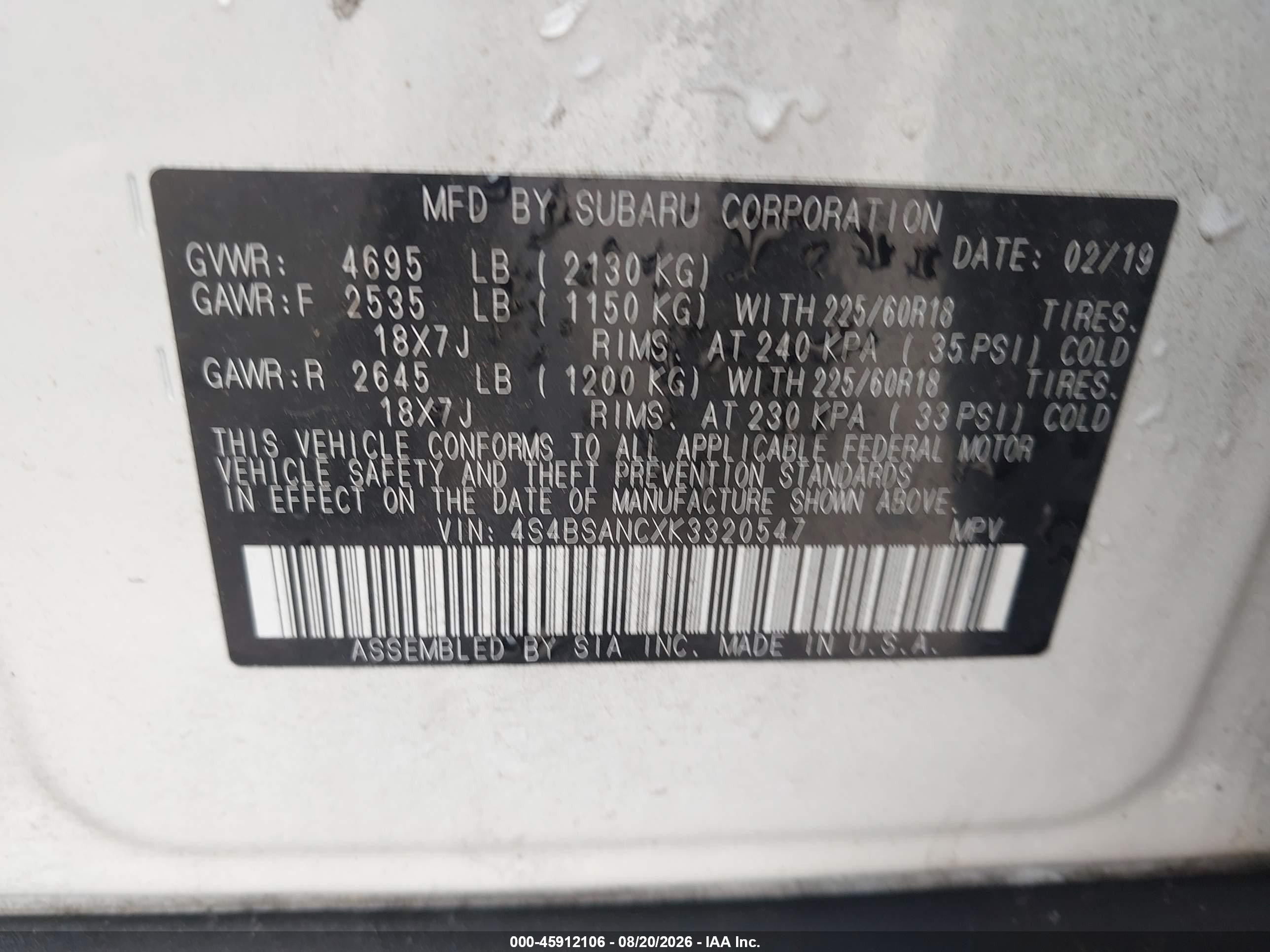 2019 Subaru Outback 2.5i Limited White vin: 4S4BSANCXK3320547