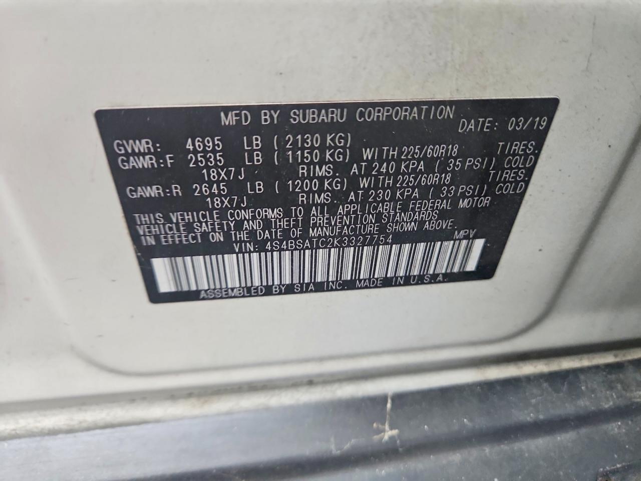 2019 Subaru Outback Touring White vin: 4S4BSATC2K3327754