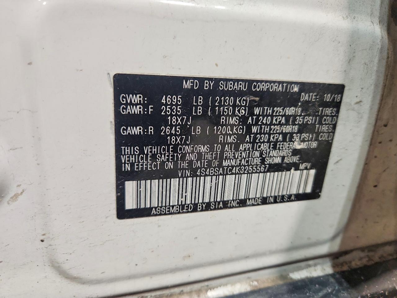 2019 Subaru Outback Touring White vin: 4S4BSATC4K3255567