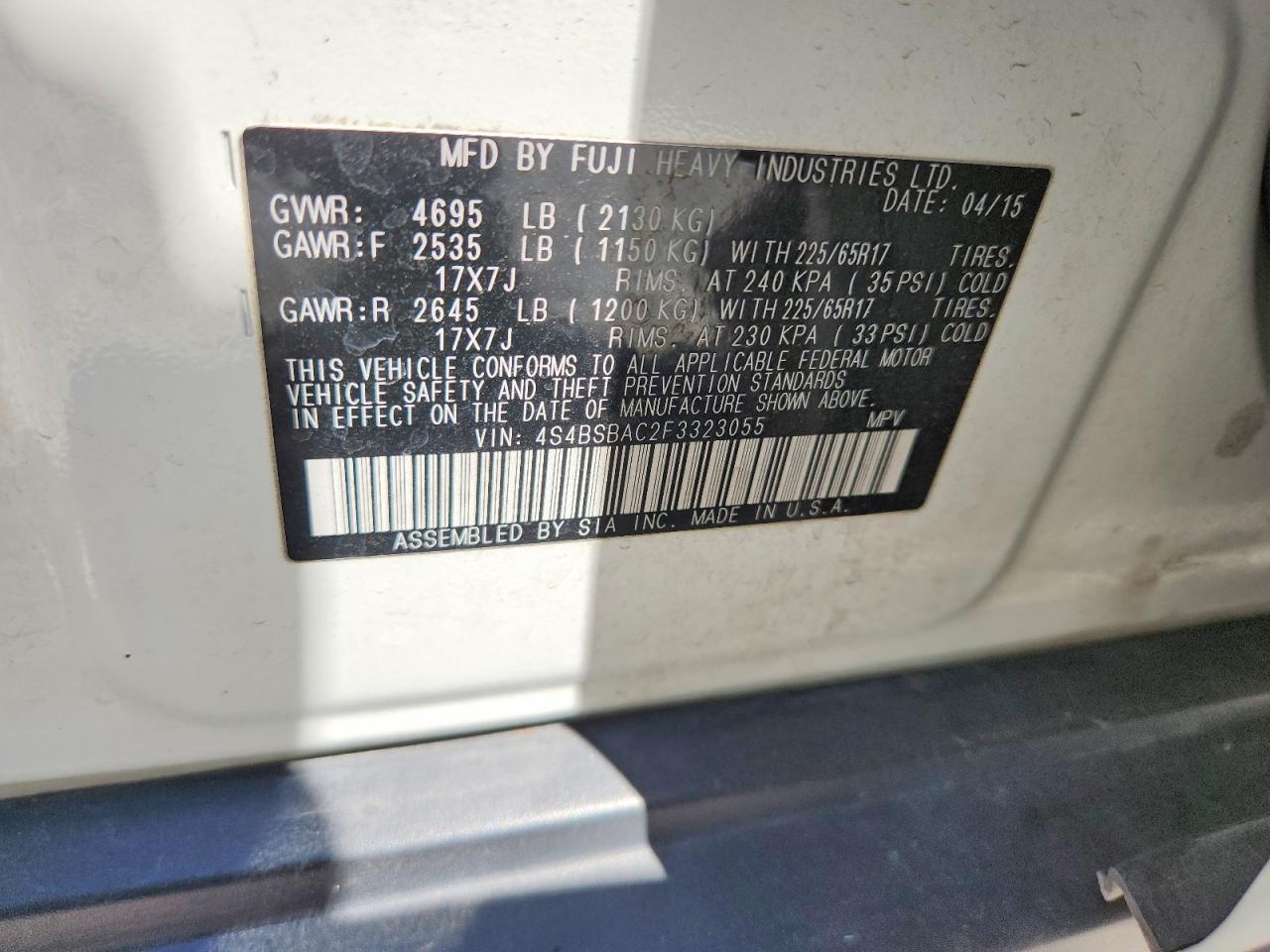 2015 Subaru Outback 2.5i White vin: 4S4BSBAC2F3323055