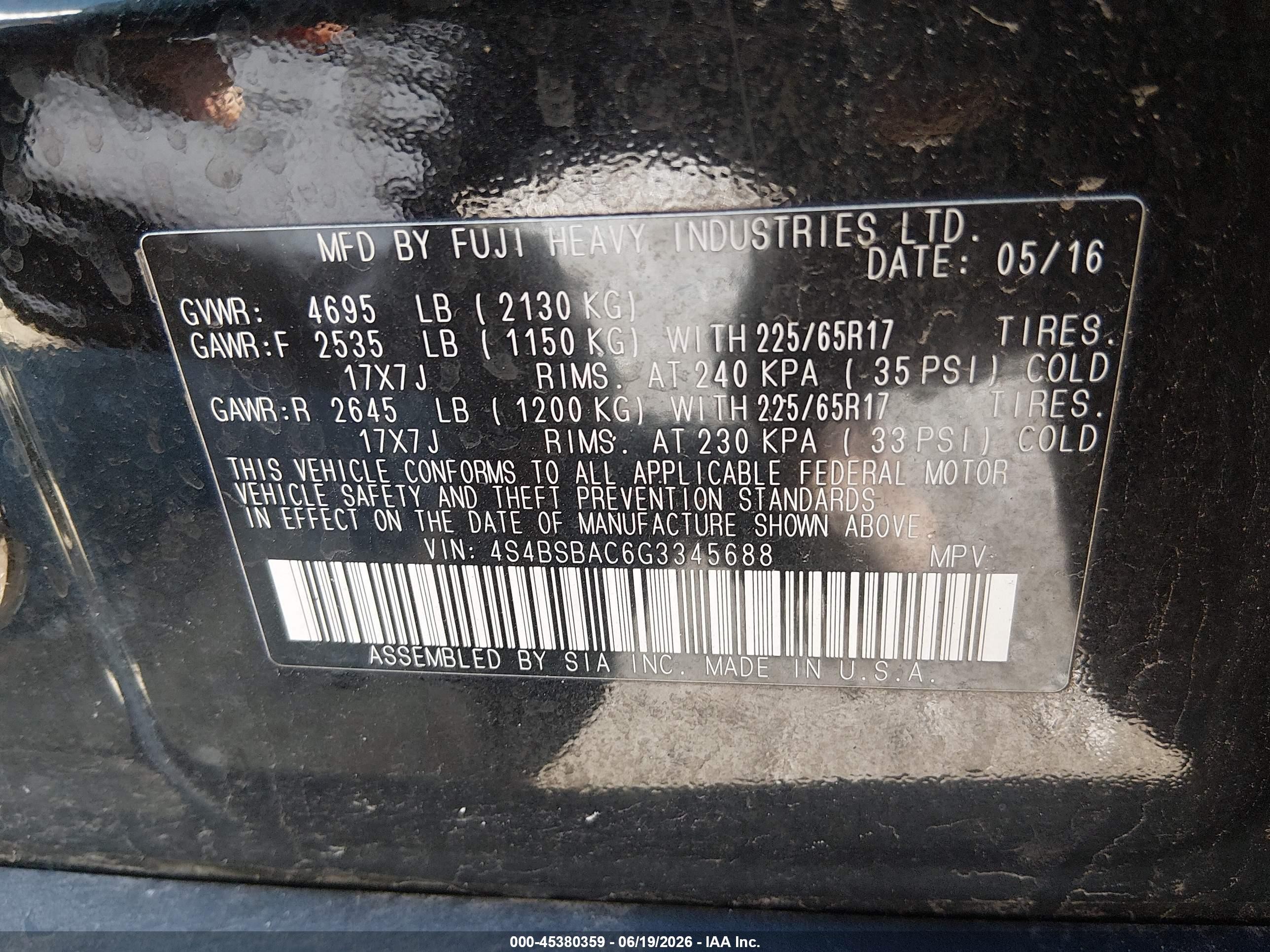 2016 Subaru Outback 2.5i Черный vin: 4S4BSBAC6G3345688