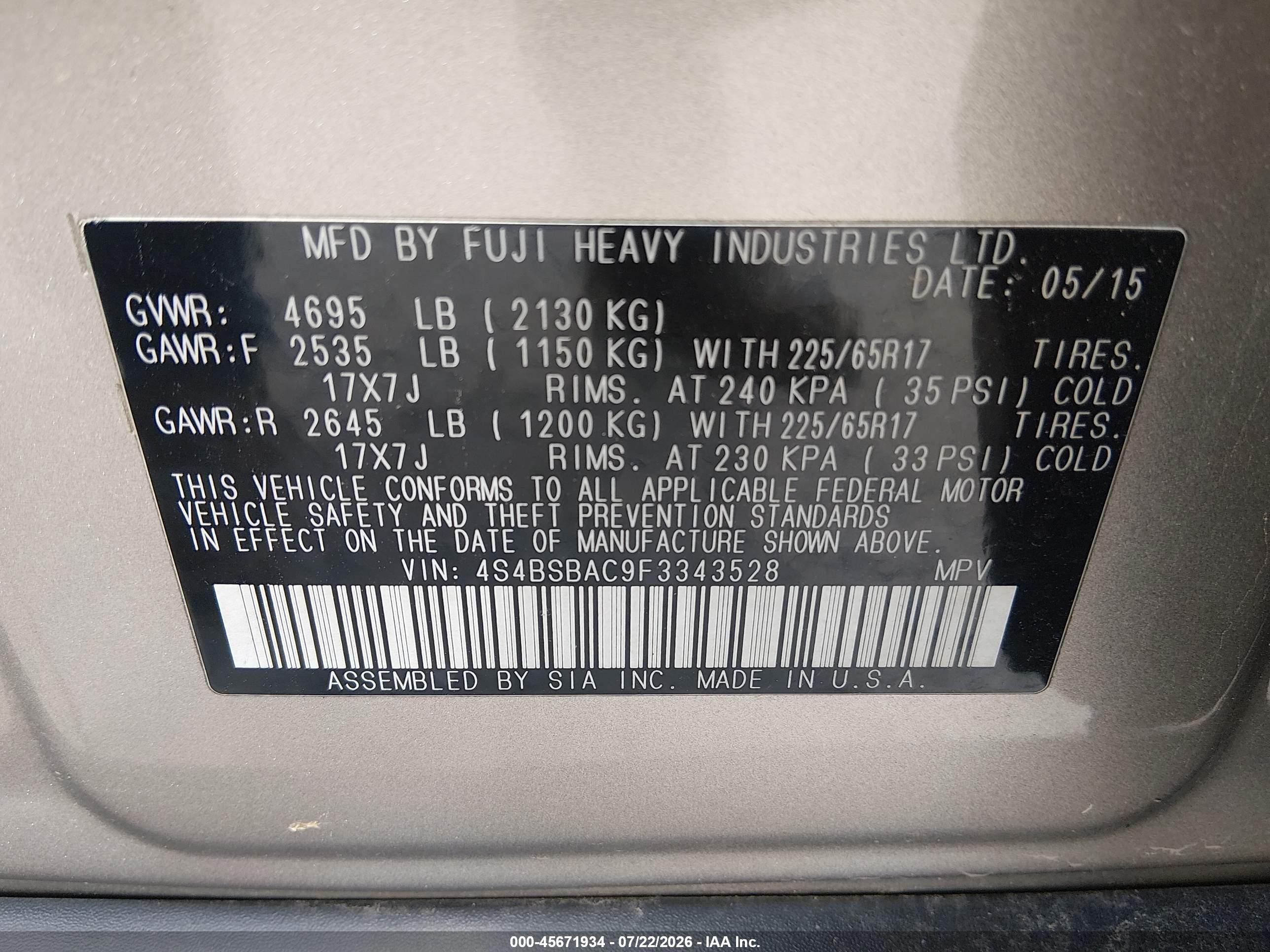2015 Subaru Outback 2.5i Gold vin: 4S4BSBAC9F3343528