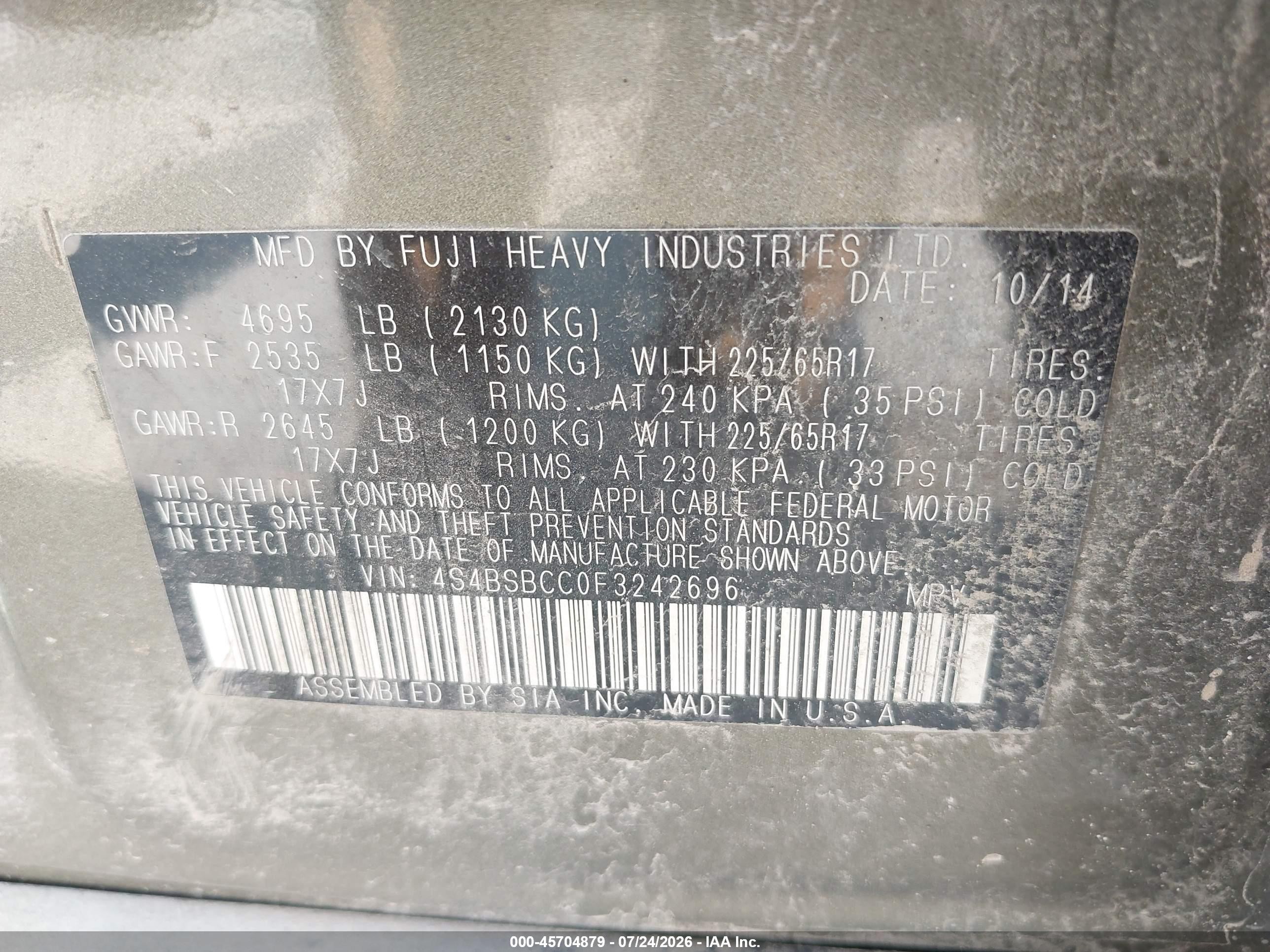 2015 Subaru Outback 2.5i Premium Green vin: 4S4BSBCC0F3242696
