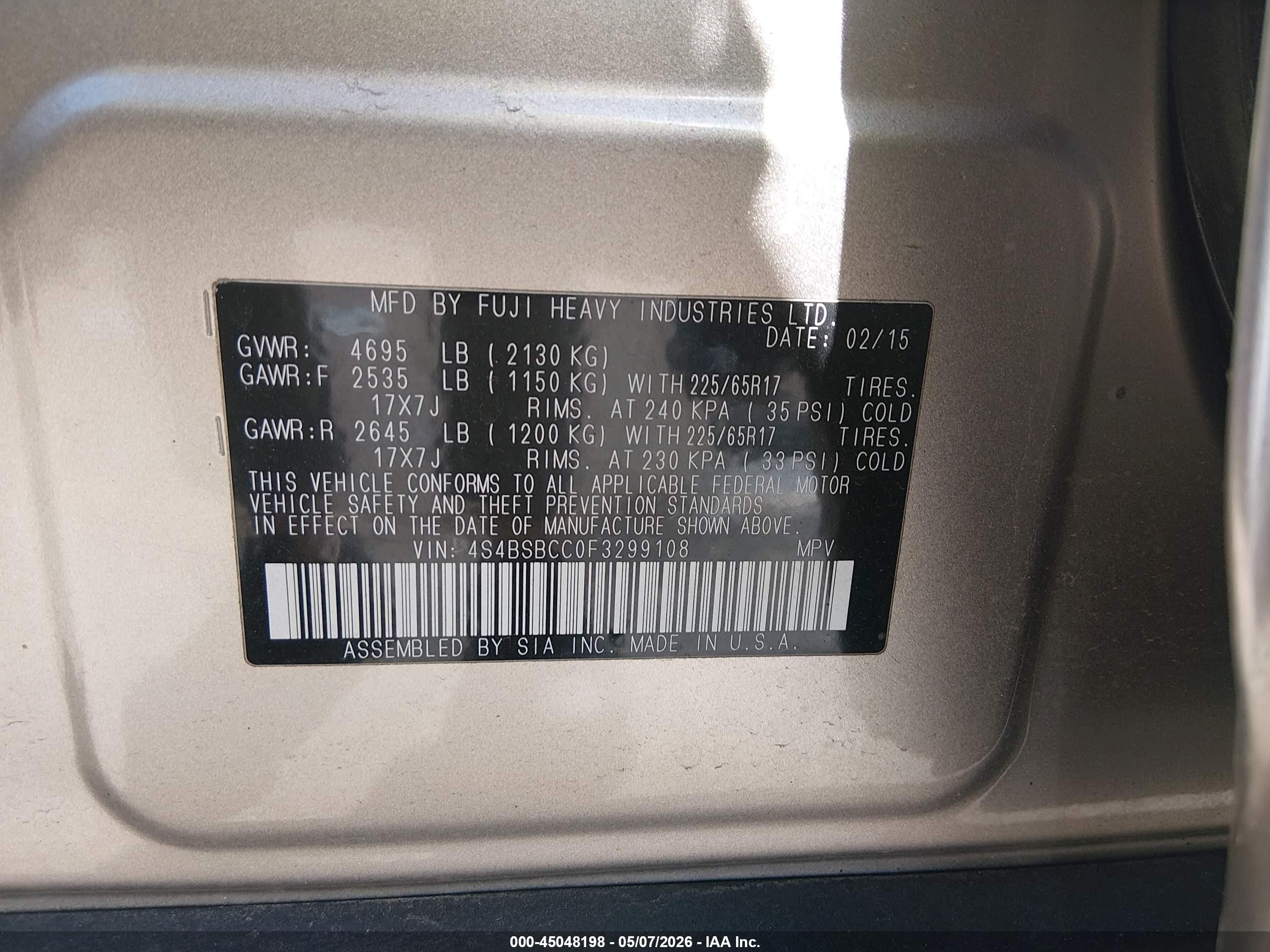 2015 Subaru Outback 2.5i Premium Silver vin: 4S4BSBCC0F3299108