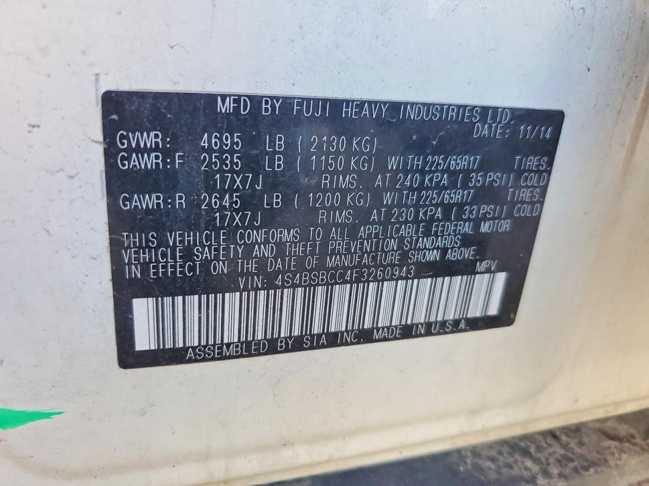 2015 Subaru Outback 2.5i Premium White vin: 4S4BSBCC4F3260943