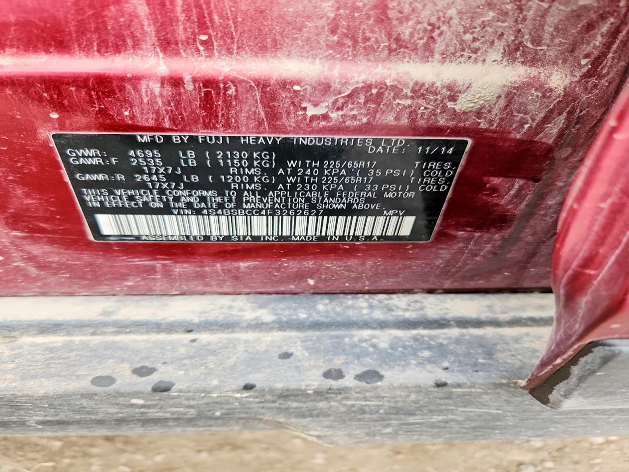2015 Subaru Outback 2.5i Premium Burgundy vin: 4S4BSBCC4F3262627
