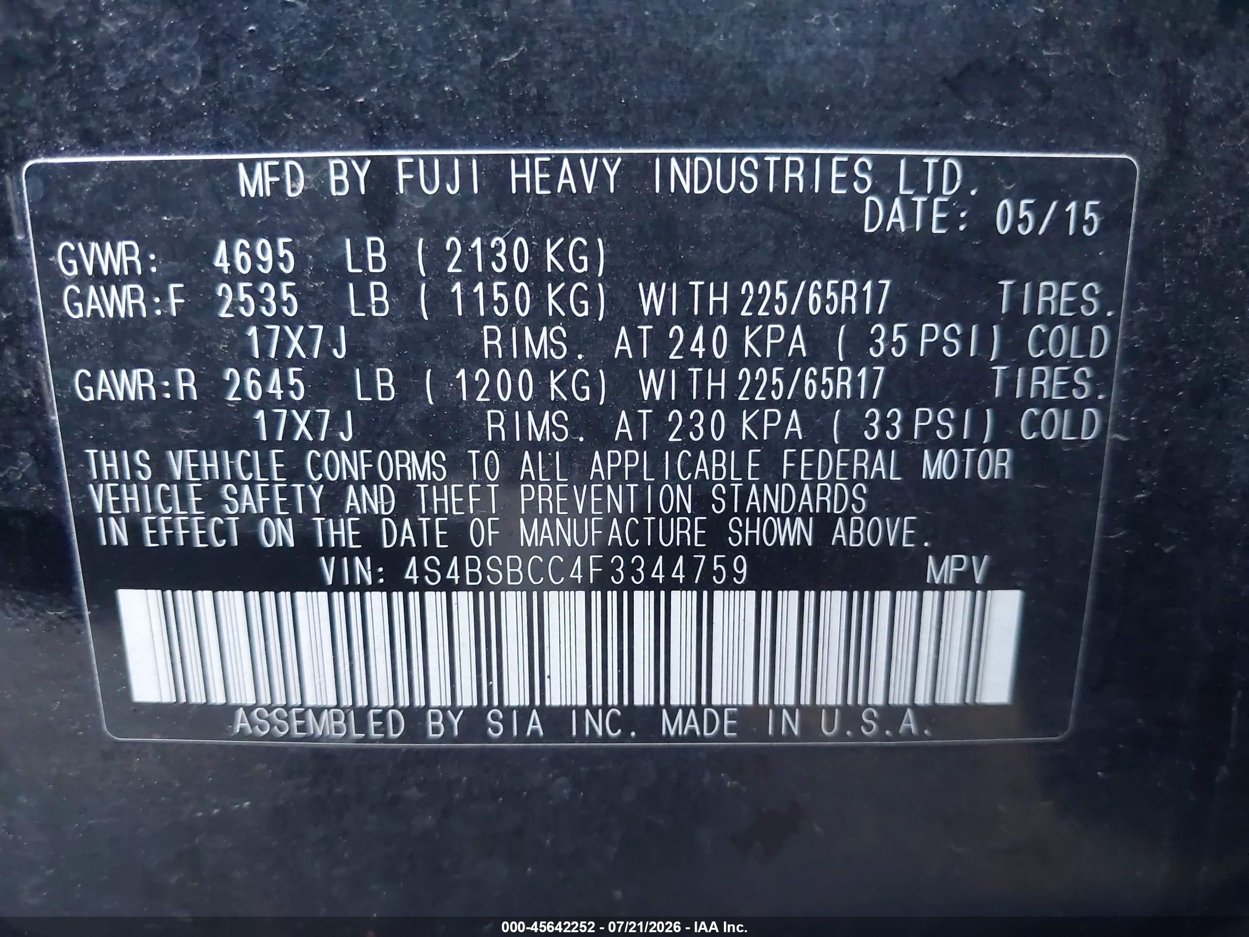 2015 Subaru Outback 2.5i Premium Черный vin: 4S4BSBCC4F3344759