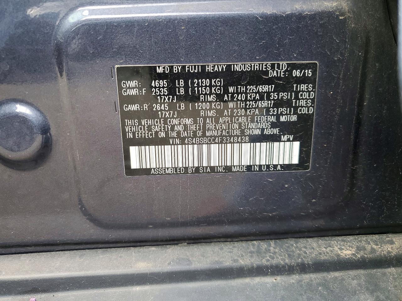 2015 Subaru Outback 2.5i Premium Gray vin: 4S4BSBCC4F3348438