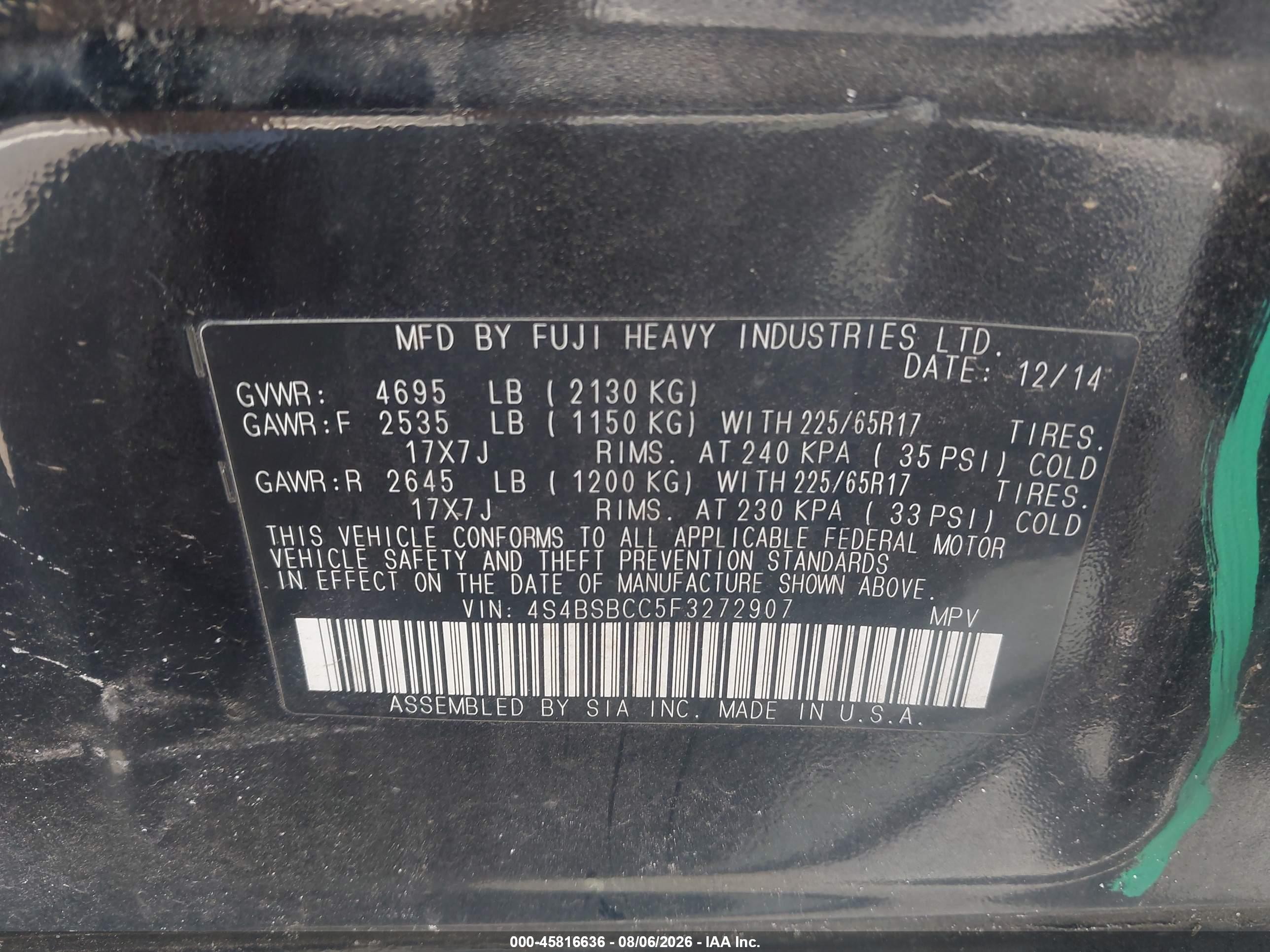 2015 Subaru Outback 2.5i Premium Черный vin: 4S4BSBCC5F3272907