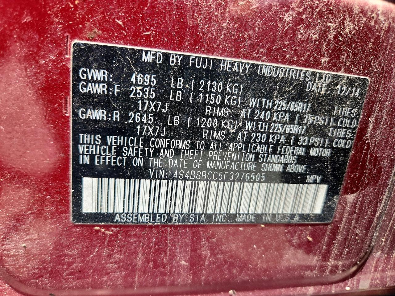 2015 Subaru Outback 2.5i Premium Burgundy vin: 4S4BSBCC5F3276505