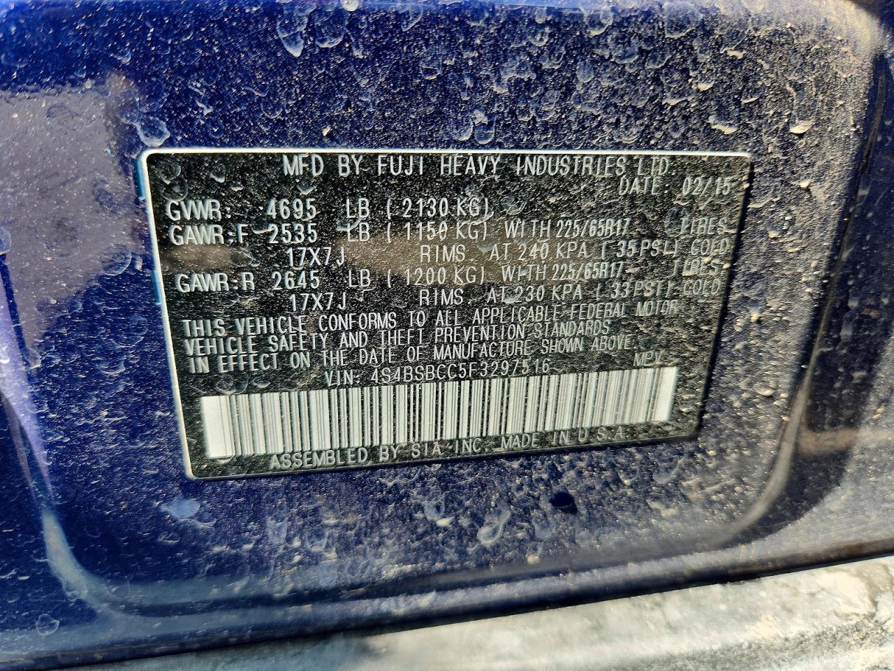 2015 Subaru Outback 2.5i Premium Blue vin: 4S4BSBCC5F3297516