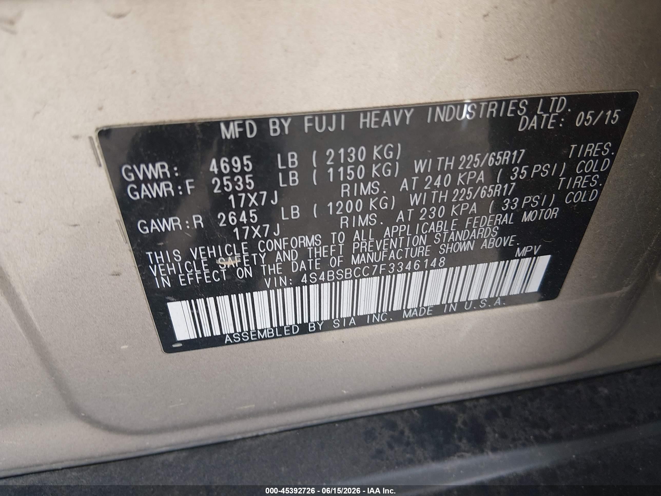 2015 Subaru Outback 2.5i Premium Gold vin: 4S4BSBCC7F3346148