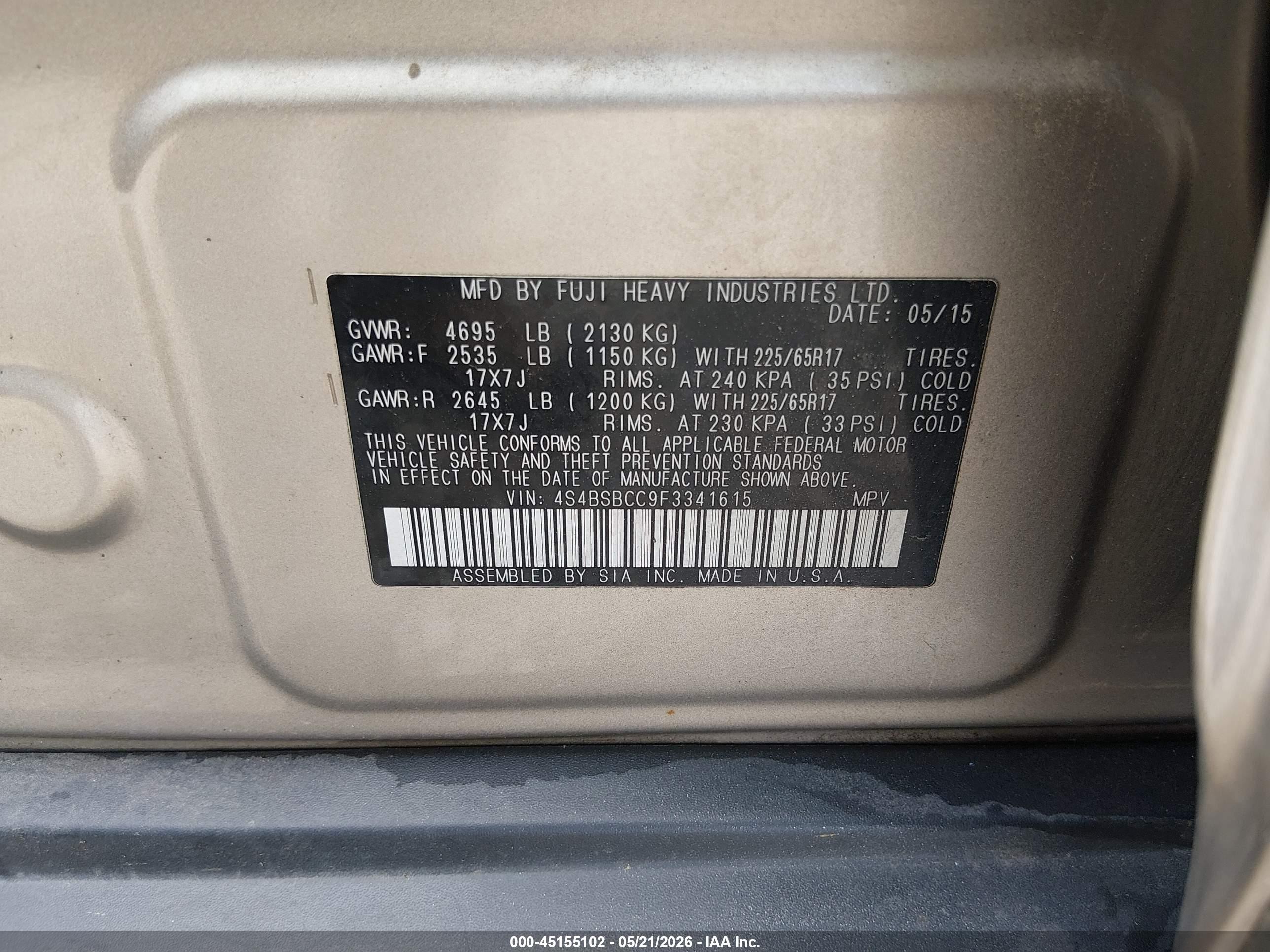 2015 Subaru Outback 2.5i Premium Silver vin: 4S4BSBCC9F3341615