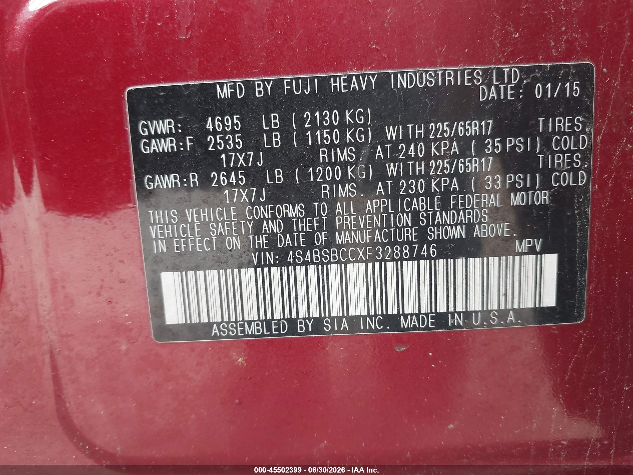 2015 Subaru Outback 2.5i Premium Red vin: 4S4BSBCCXF3288746