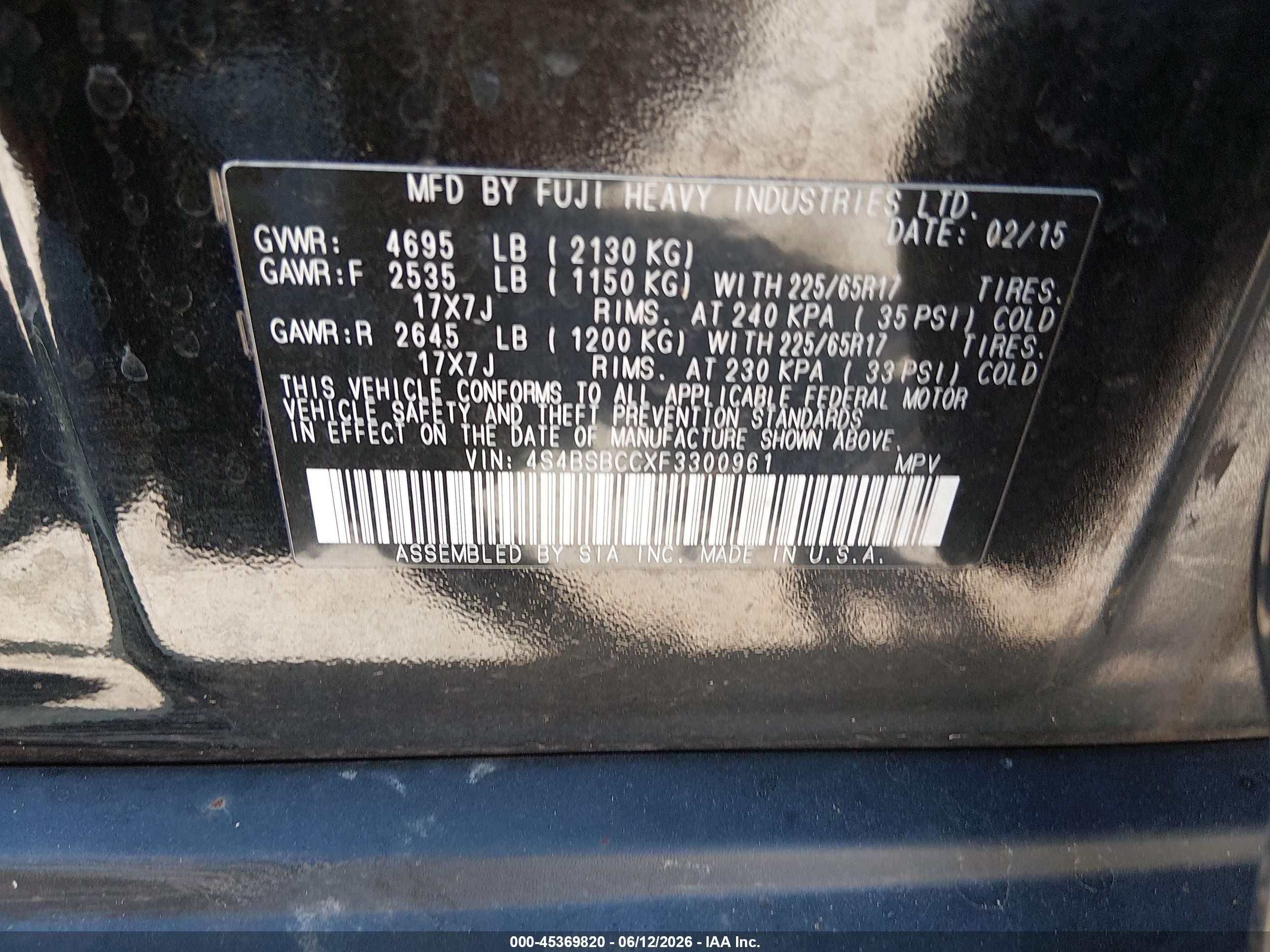 2015 Subaru Outback 2.5i Premium Black vin: 4S4BSBCCXF3300961