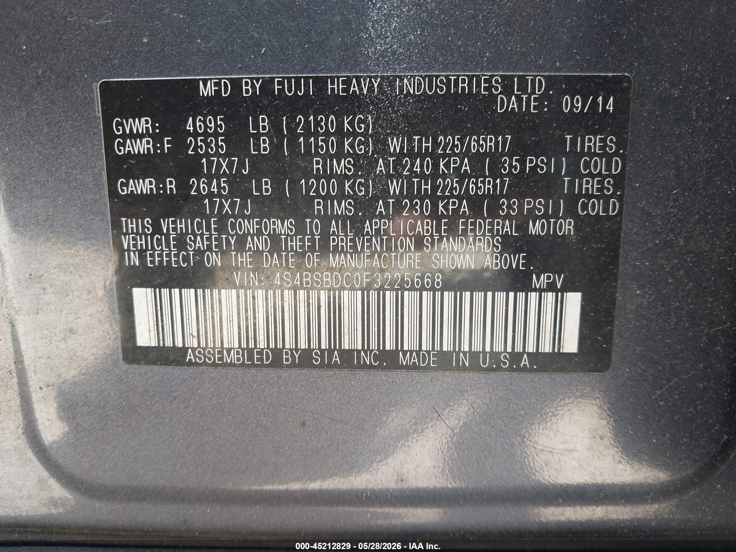 2015 Subaru Outback 2.5i Premium Gray vin: 4S4BSBDC0F3225668