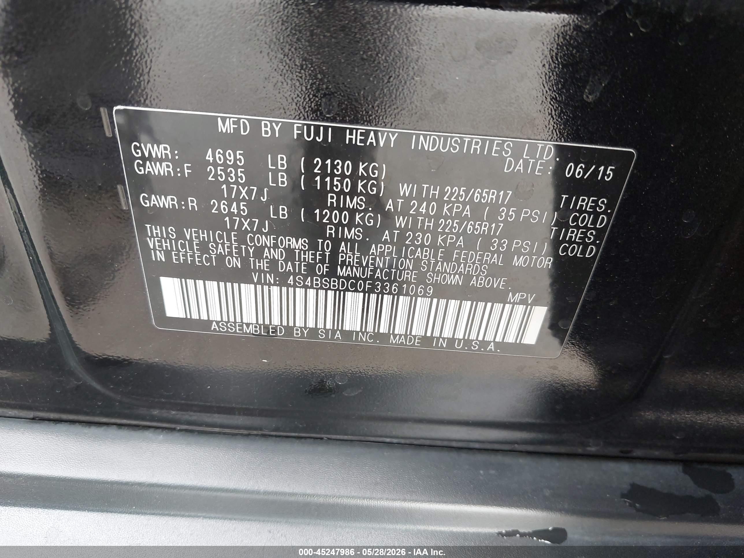 2015 Subaru Outback 2.5i Premium Black vin: 4S4BSBDC0F3361069