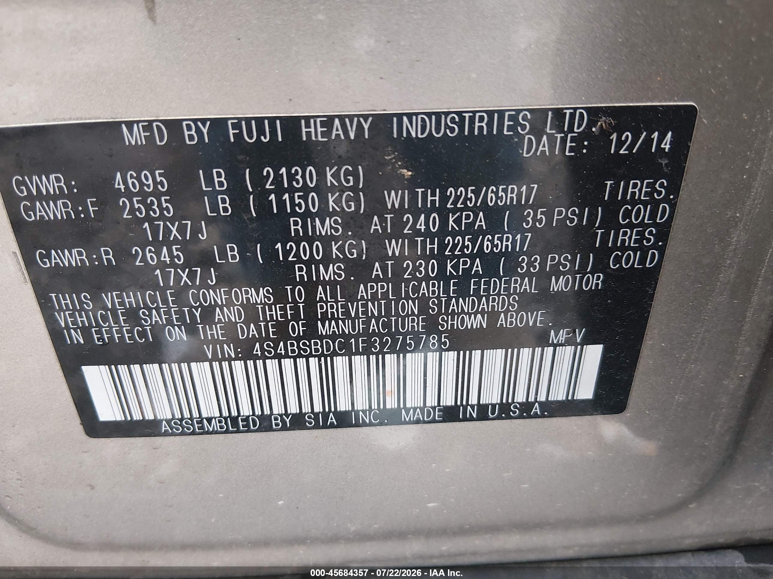 2015 Subaru Outback 2.5i Premium Champagne vin: 4S4BSBDC1F3275785