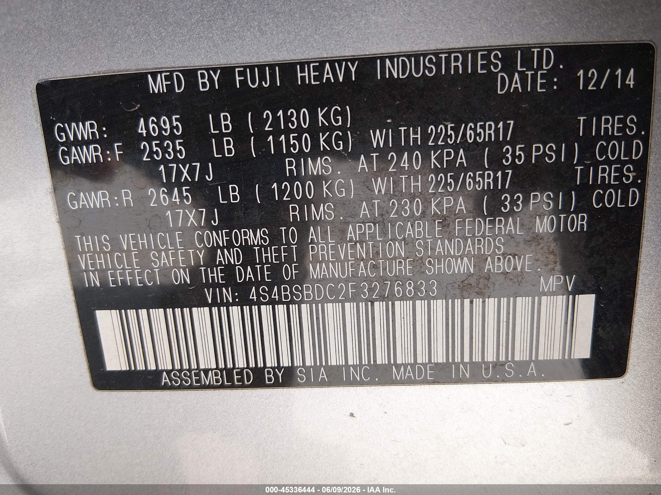 2015 Subaru Outback 2.5i Premium Silver vin: 4S4BSBDC2F3276833