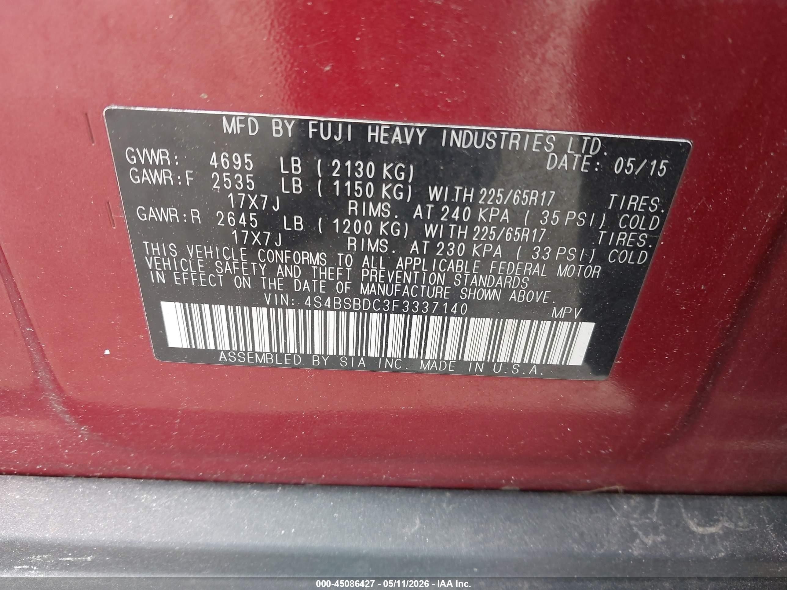 2015 Subaru Outback 2.5i Premium Красный vin: 4S4BSBDC3F3337140