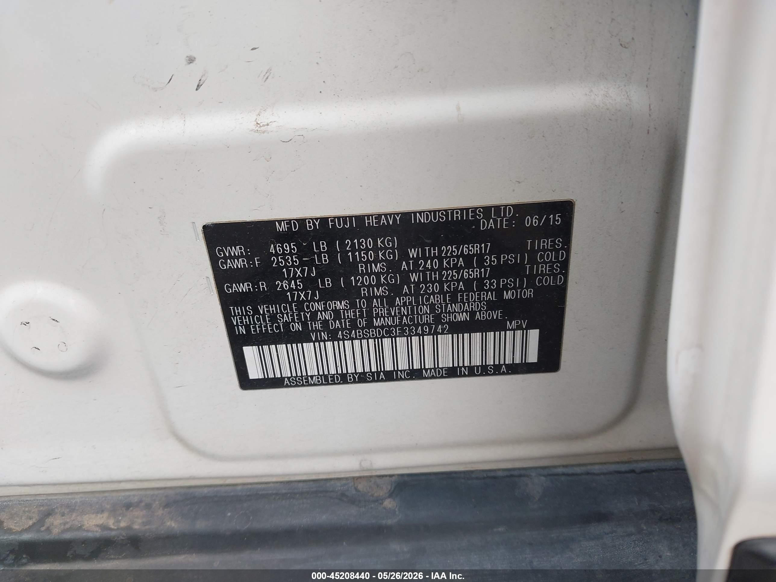 2015 Subaru Outback 2.5i Premium White vin: 4S4BSBDC3F3349742