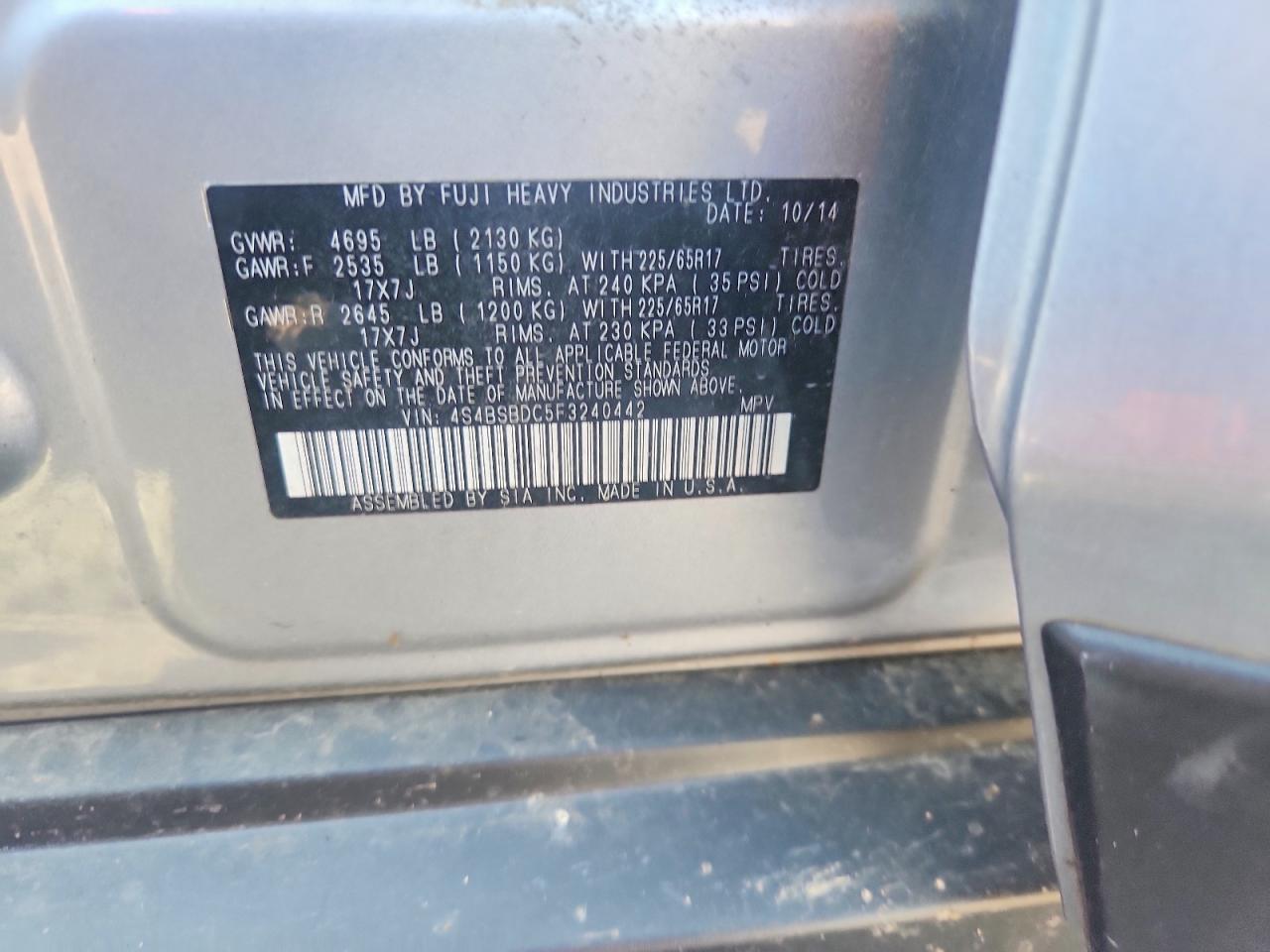2015 Subaru Outback 2.5i Premium Silver vin: 4S4BSBDC5F3240442