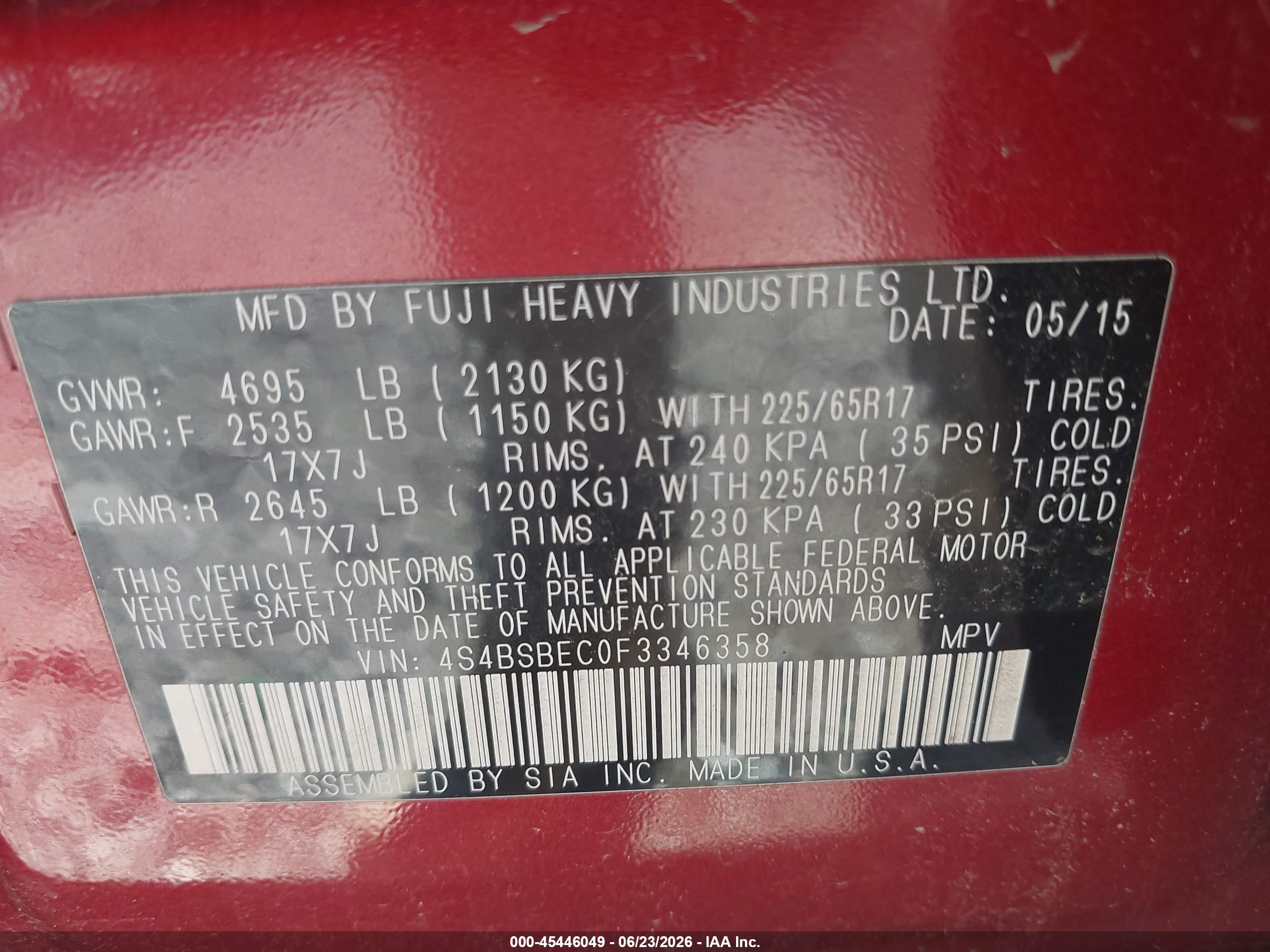 2015 Subaru Outback 2.5i Premium Темно-бордовый vin: 4S4BSBEC0F3346358