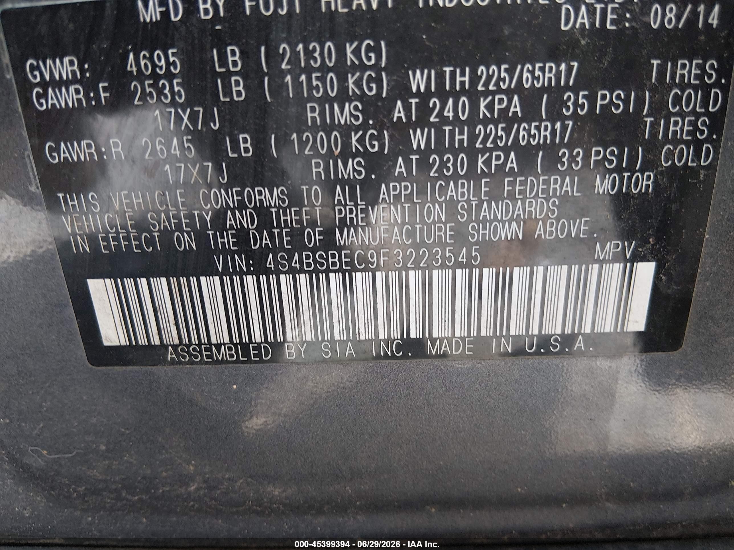 2015 Subaru Outback 2.5i Premium Blue vin: 4S4BSBEC9F3223545