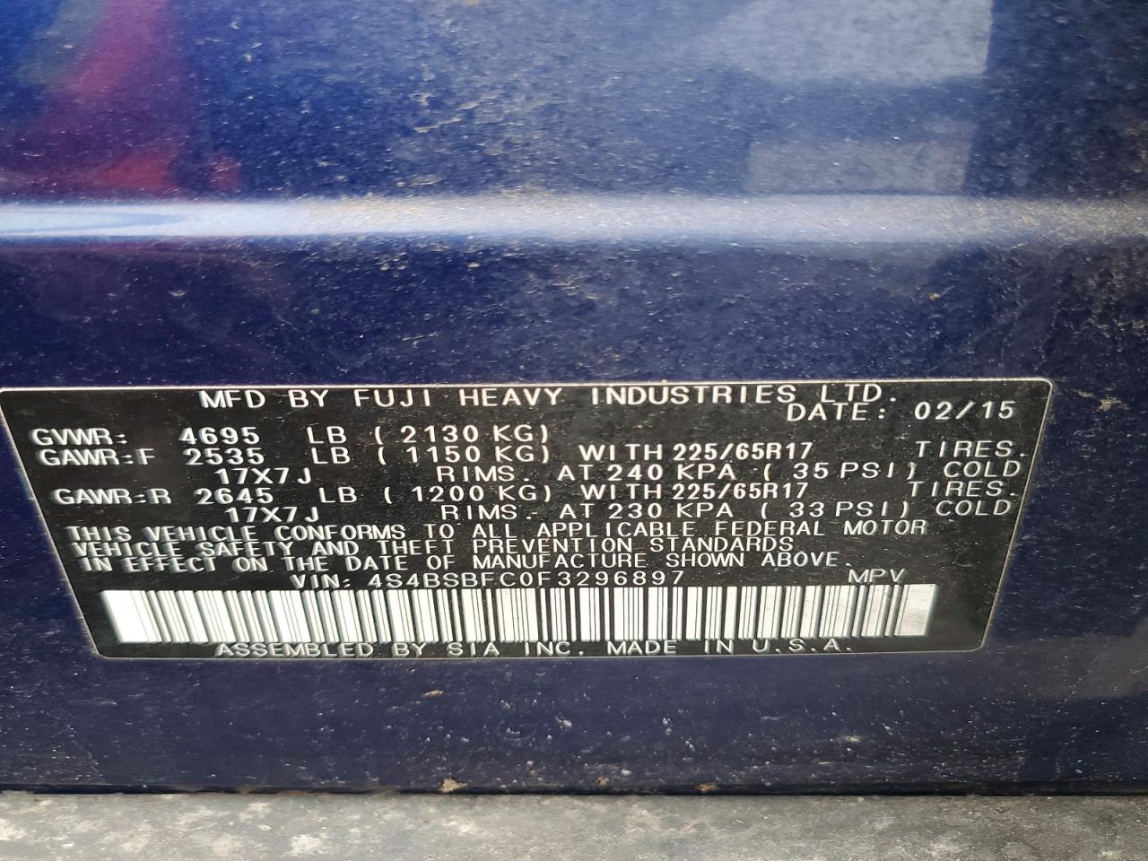 2015 Subaru Outback 2.5i Premium Blue vin: 4S4BSBFC0F3296897