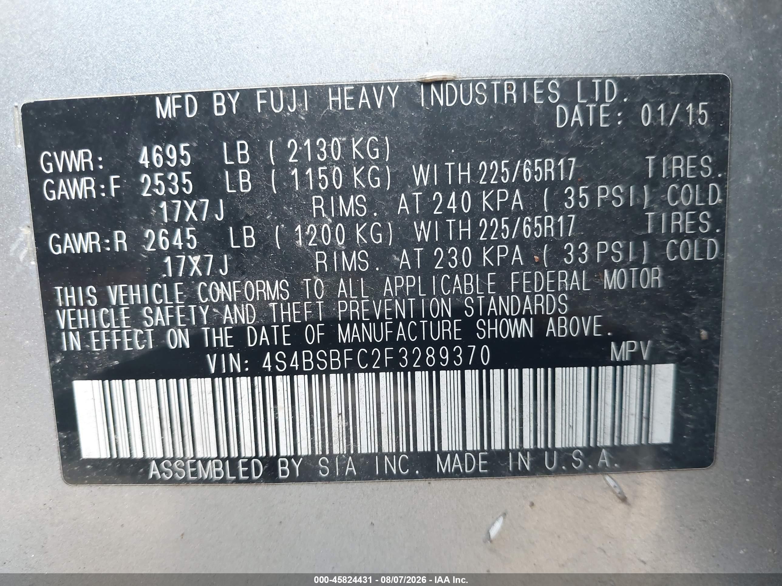 2015 Subaru Outback 2.5i Premium Light Blue vin: 4S4BSBFC2F3289370