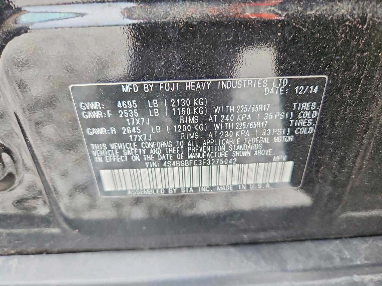 2015 Subaru Outback 2.5i Premium Black vin: 4S4BSBFC3F3275042