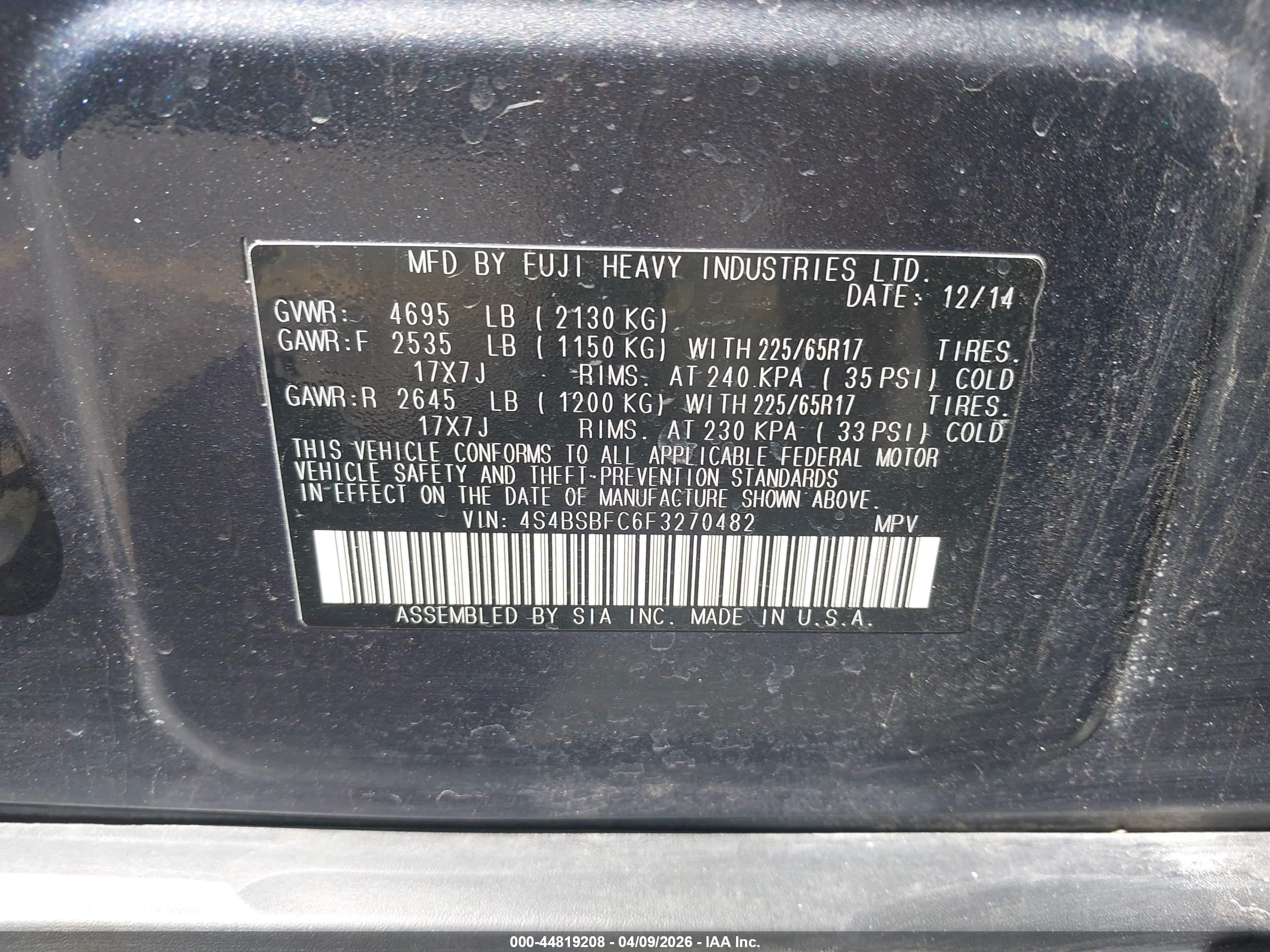 2015 Subaru Outback 2.5i Premium Gray vin: 4S4BSBFC6F3270482