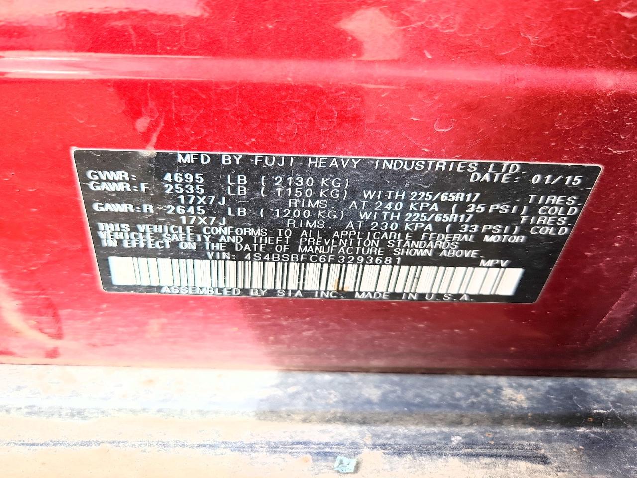 2015 Subaru Outback 2.5i Premium Burgundy vin: 4S4BSBFC6F3293681
