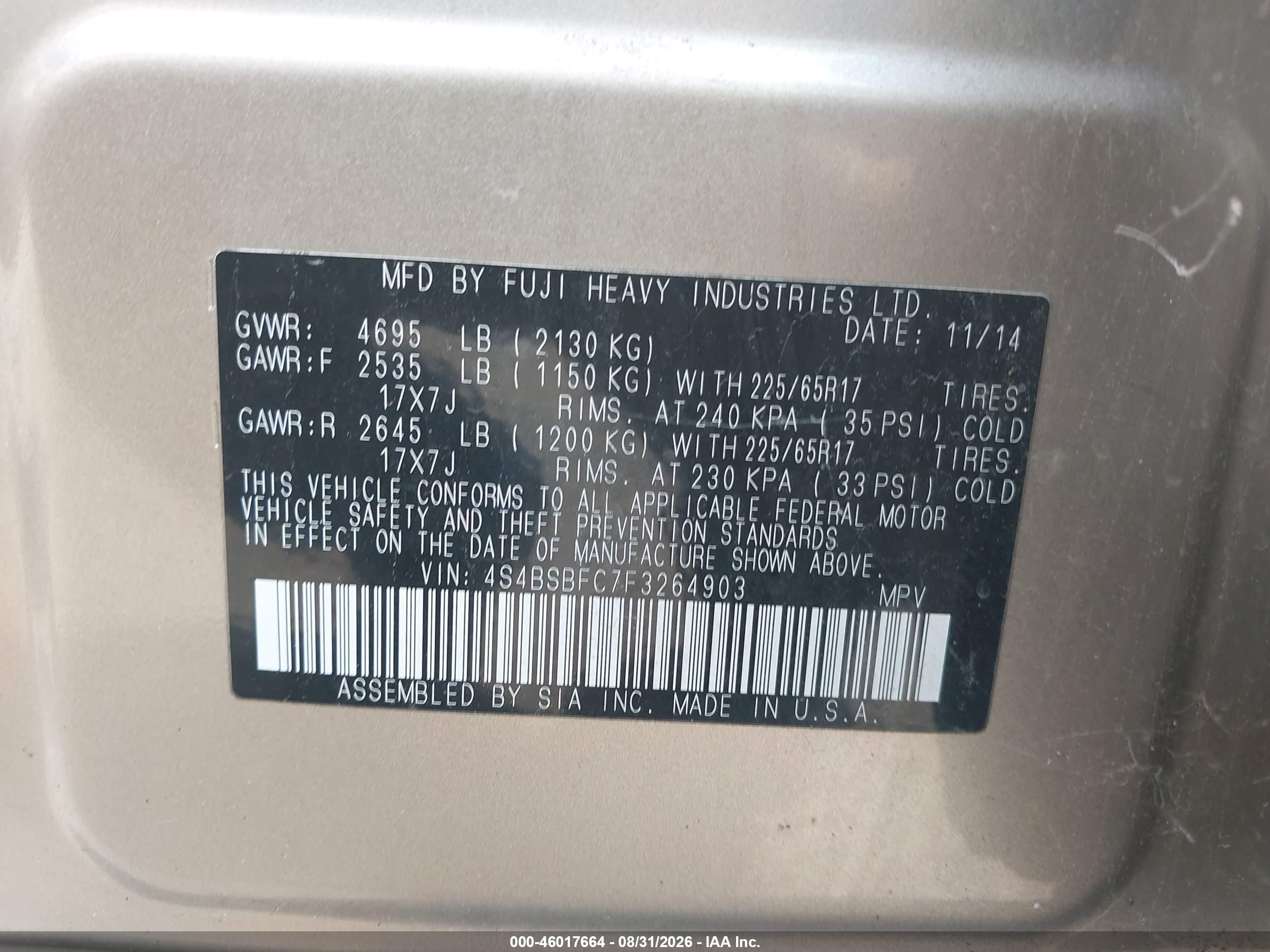 2015 Subaru Outback 2.5i Premium Champagne vin: 4S4BSBFC7F3264903