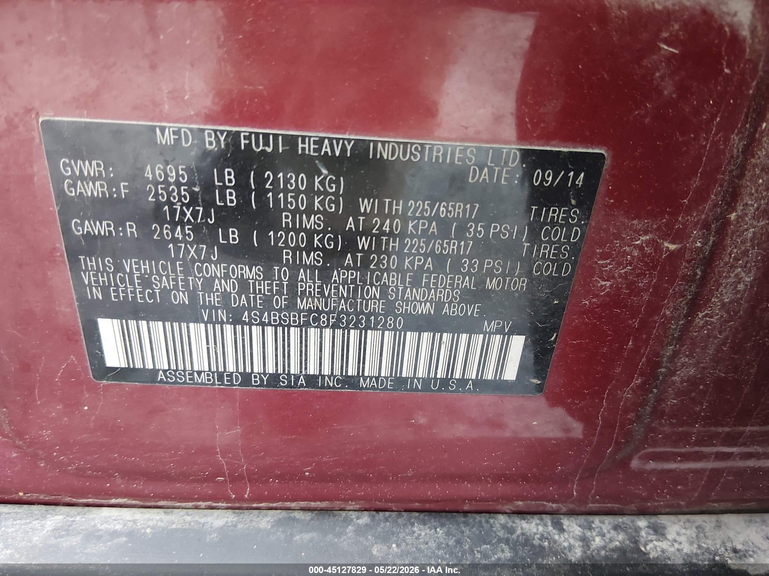 2015 Subaru Outback 2.5i Premium Red vin: 4S4BSBFC8F3231280
