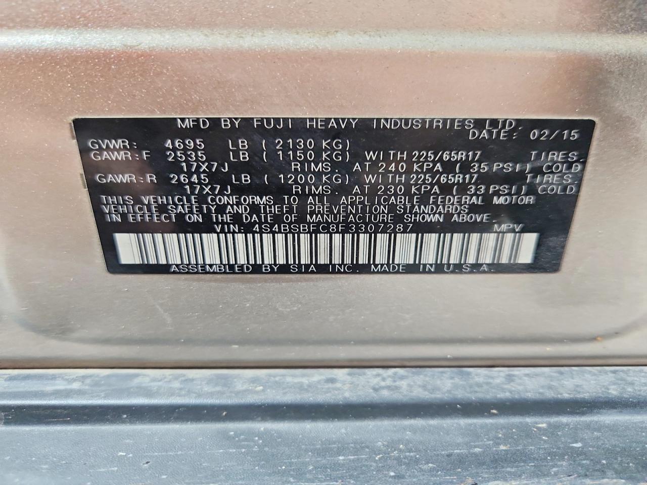 2015 Subaru Outback 2.5i Premium Gold vin: 4S4BSBFC8F3307287