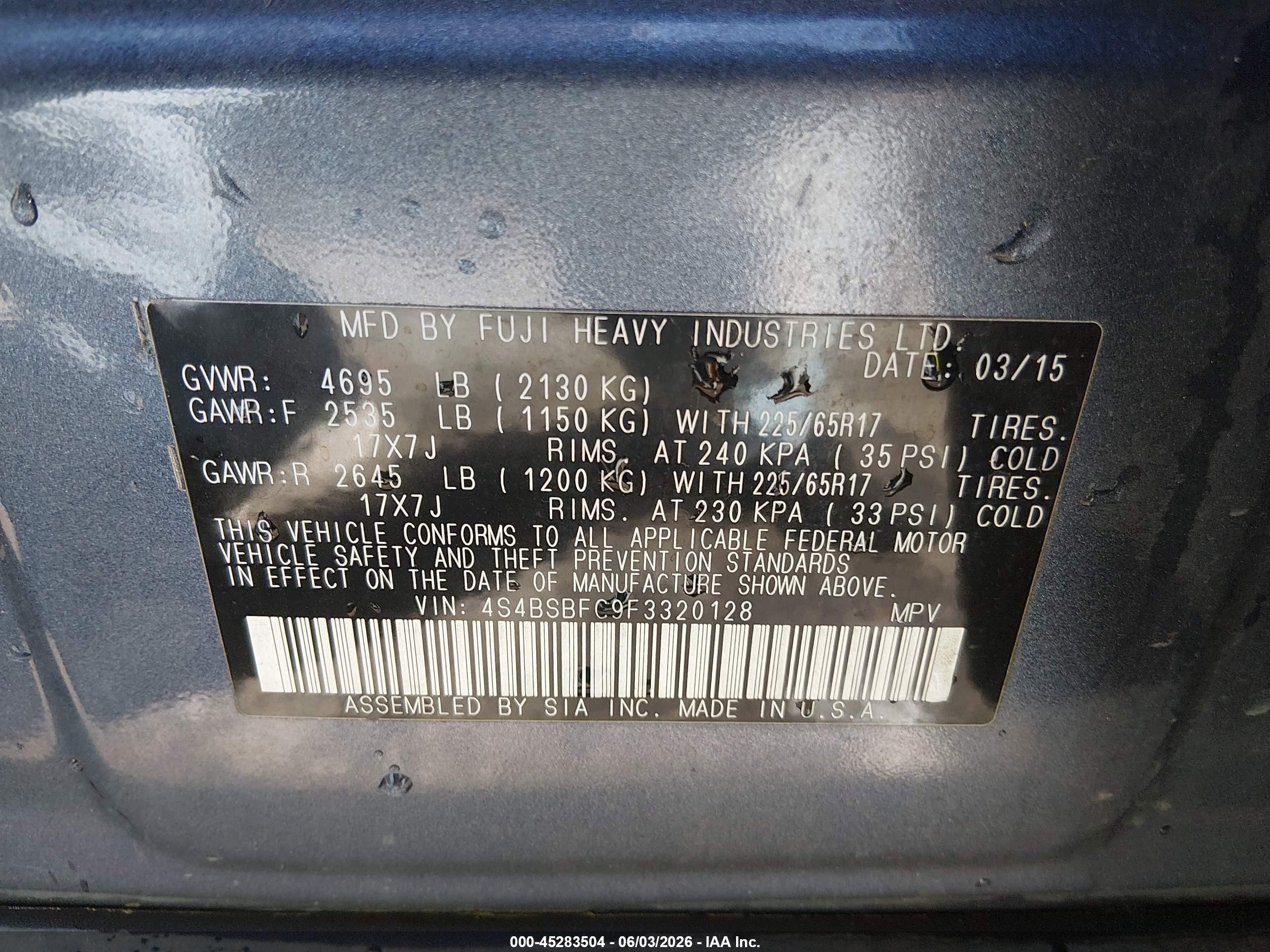 2015 Subaru Outback 2.5i Premium Blue vin: 4S4BSBFC9F3320128