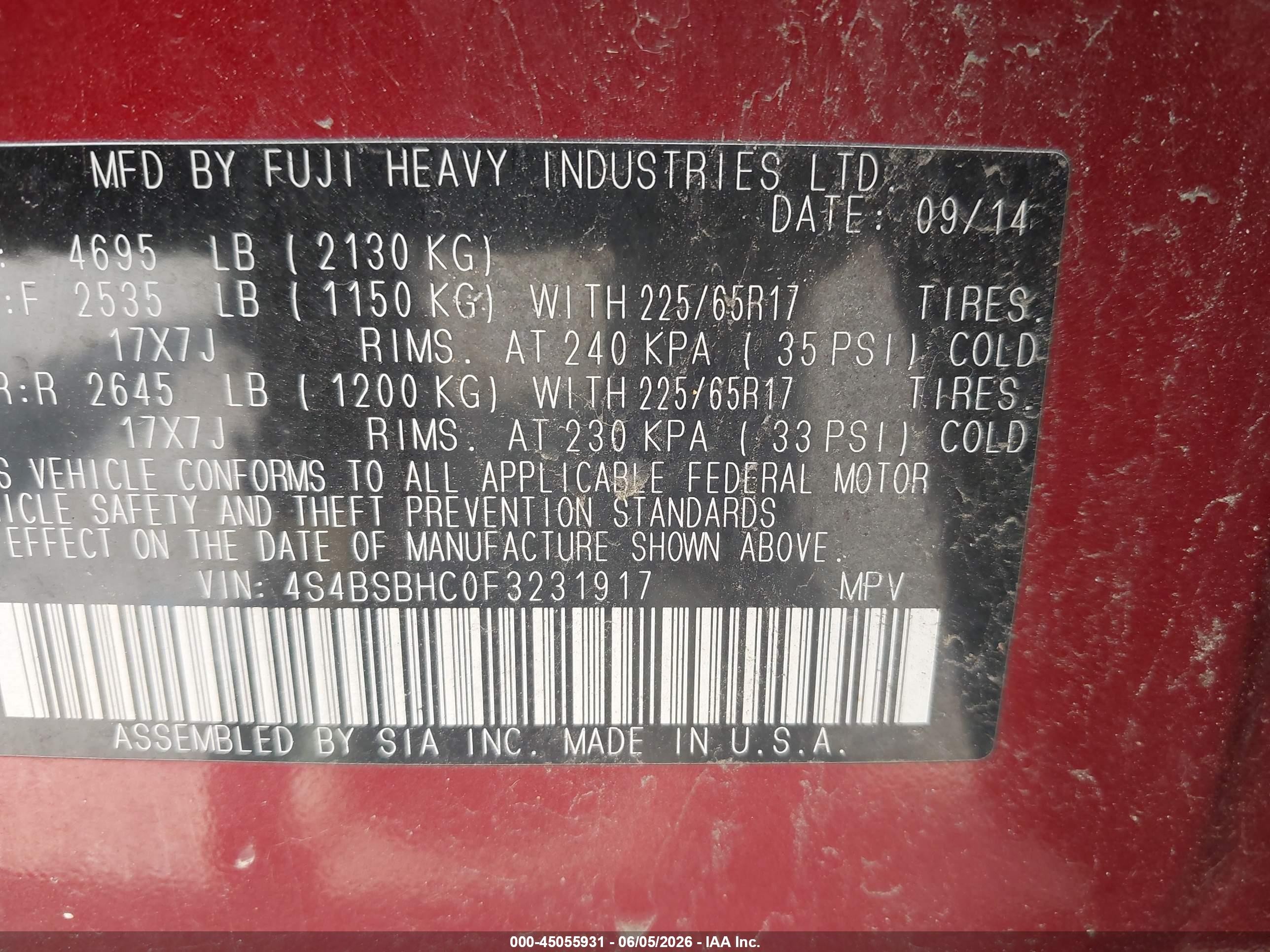 2015 Subaru Outback 2.5i Premium Красный vin: 4S4BSBHC0F3231917