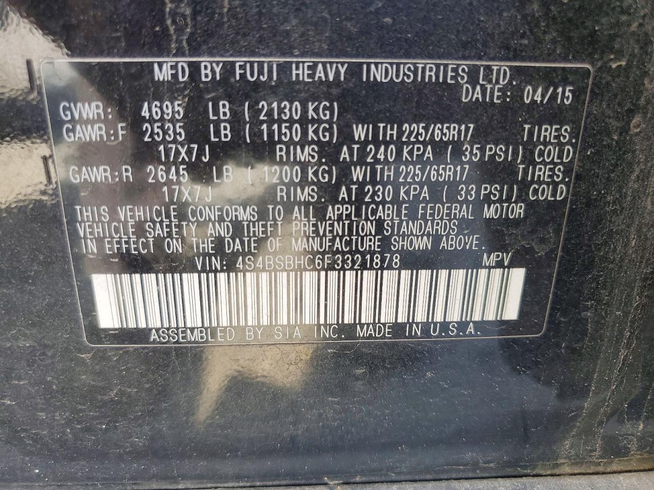 2015 Subaru Outback 2.5i Premium Черный vin: 4S4BSBHC6F3321878
