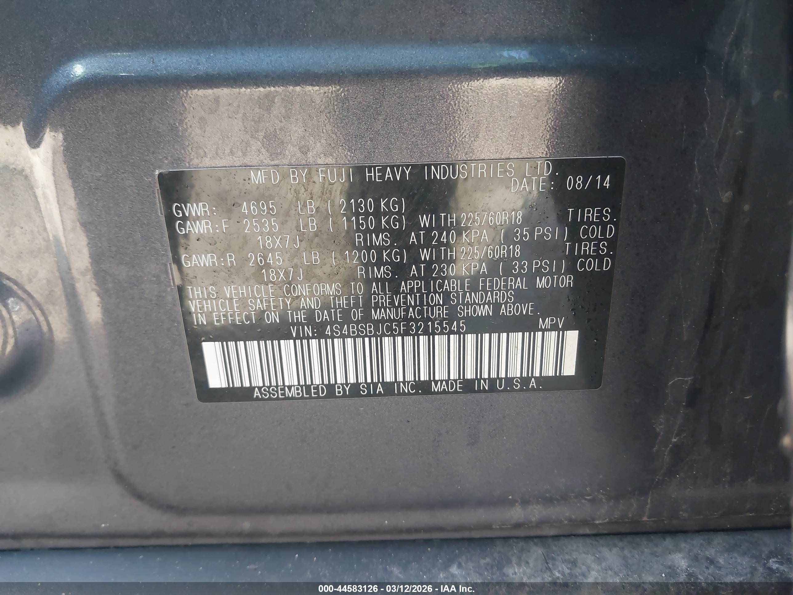 2015 Subaru Outback 2.5i Limited Blue vin: 4S4BSBJC5F3215545