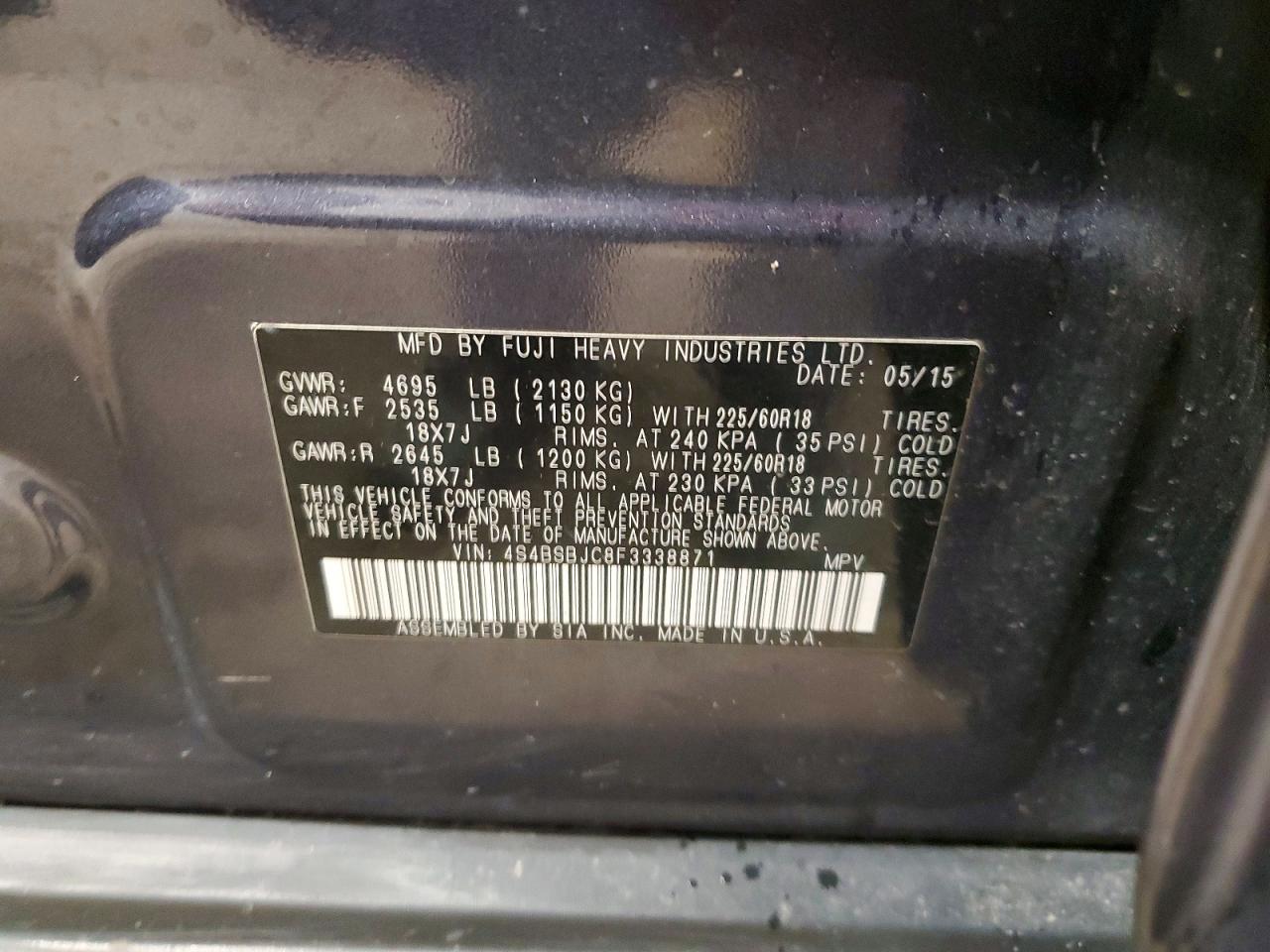 2015 Subaru Outback 2.5i Limited Gray vin: 4S4BSBJC8F3338871