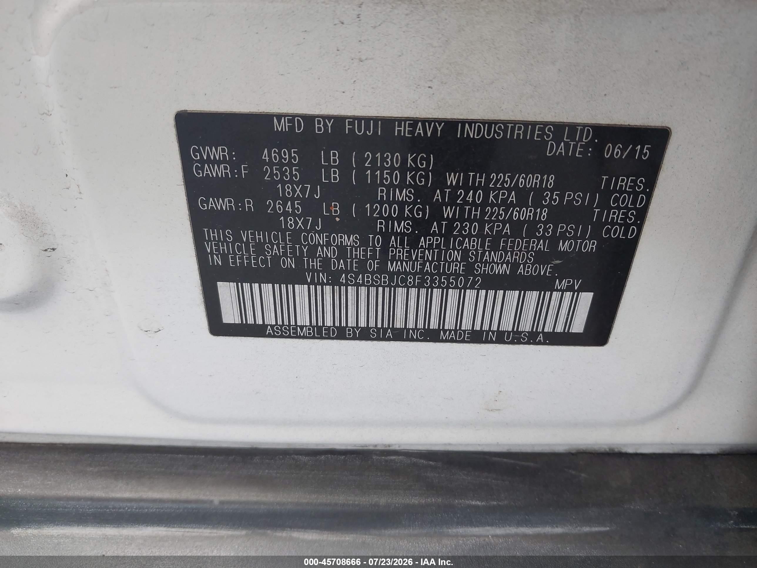 2015 Subaru Outback 2.5i Limited White vin: 4S4BSBJC8F3355072