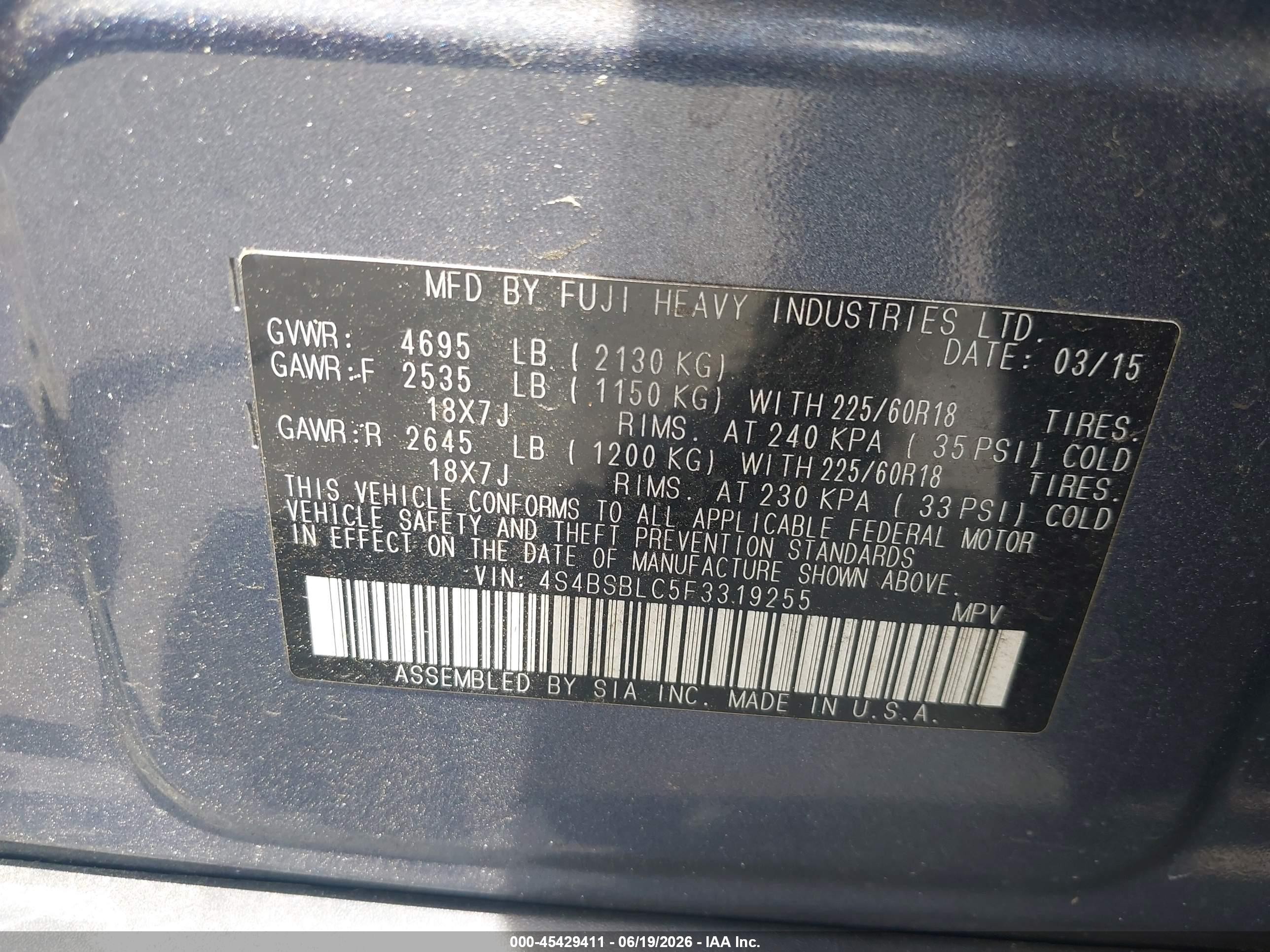 2015 Subaru Outback 2.5i Limited Dark Blue vin: 4S4BSBLC5F3319255