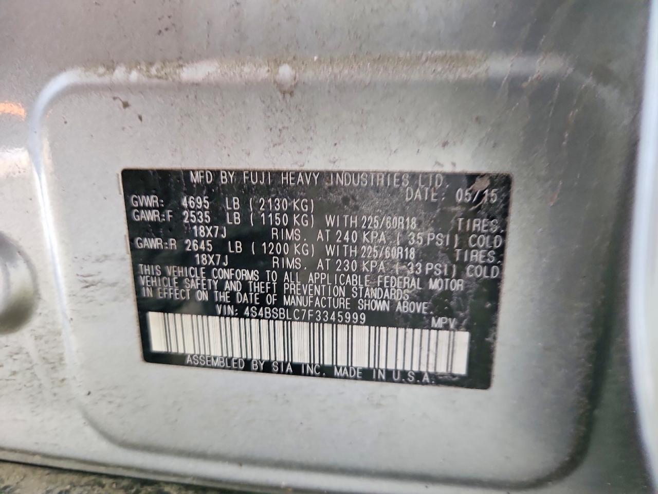 2015 Subaru Outback 2.5i Limited Silver vin: 4S4BSBLC7F3345999