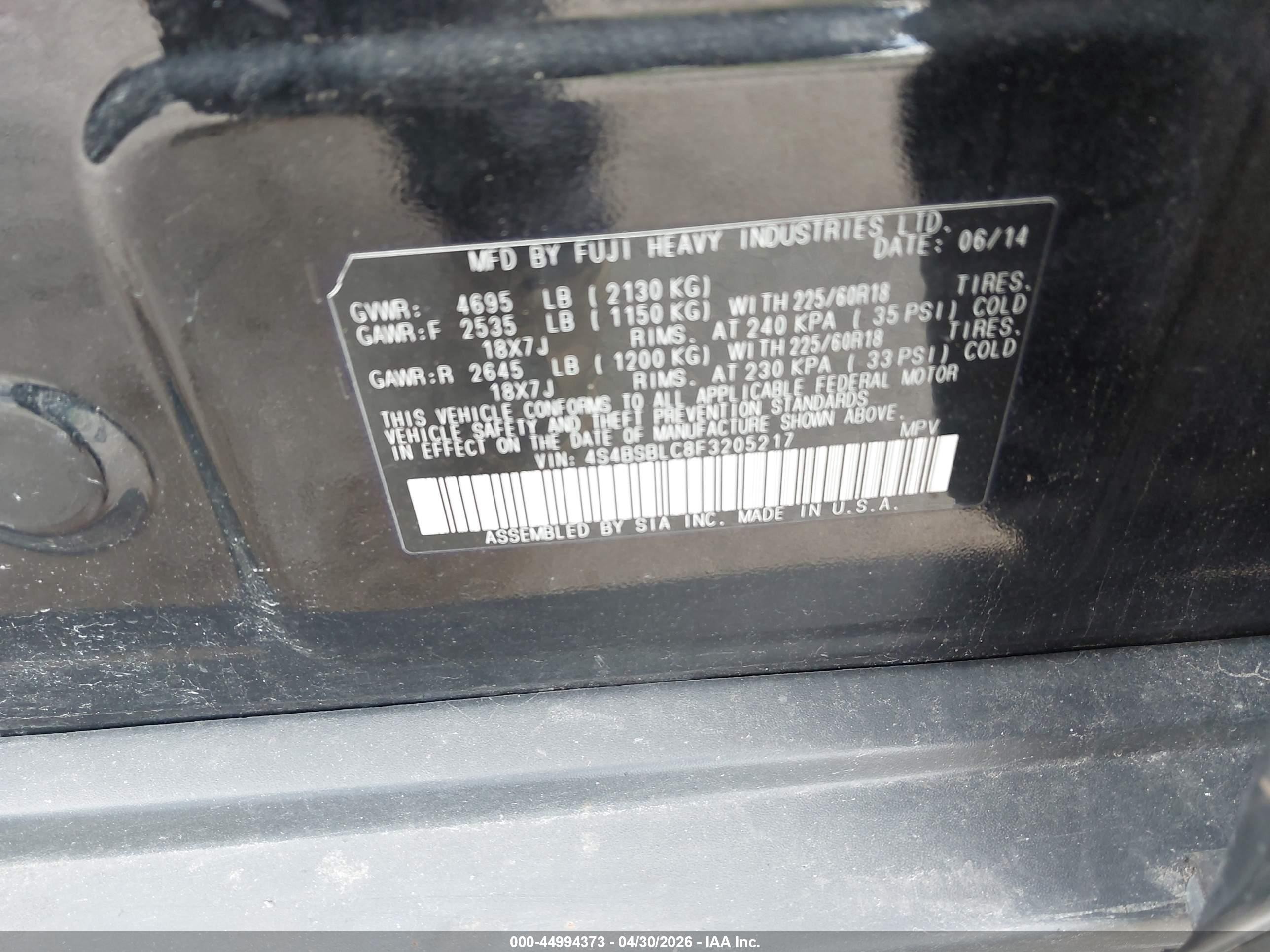 2015 Subaru Outback 2.5i Limited Черный vin: 4S4BSBLC8F3205217